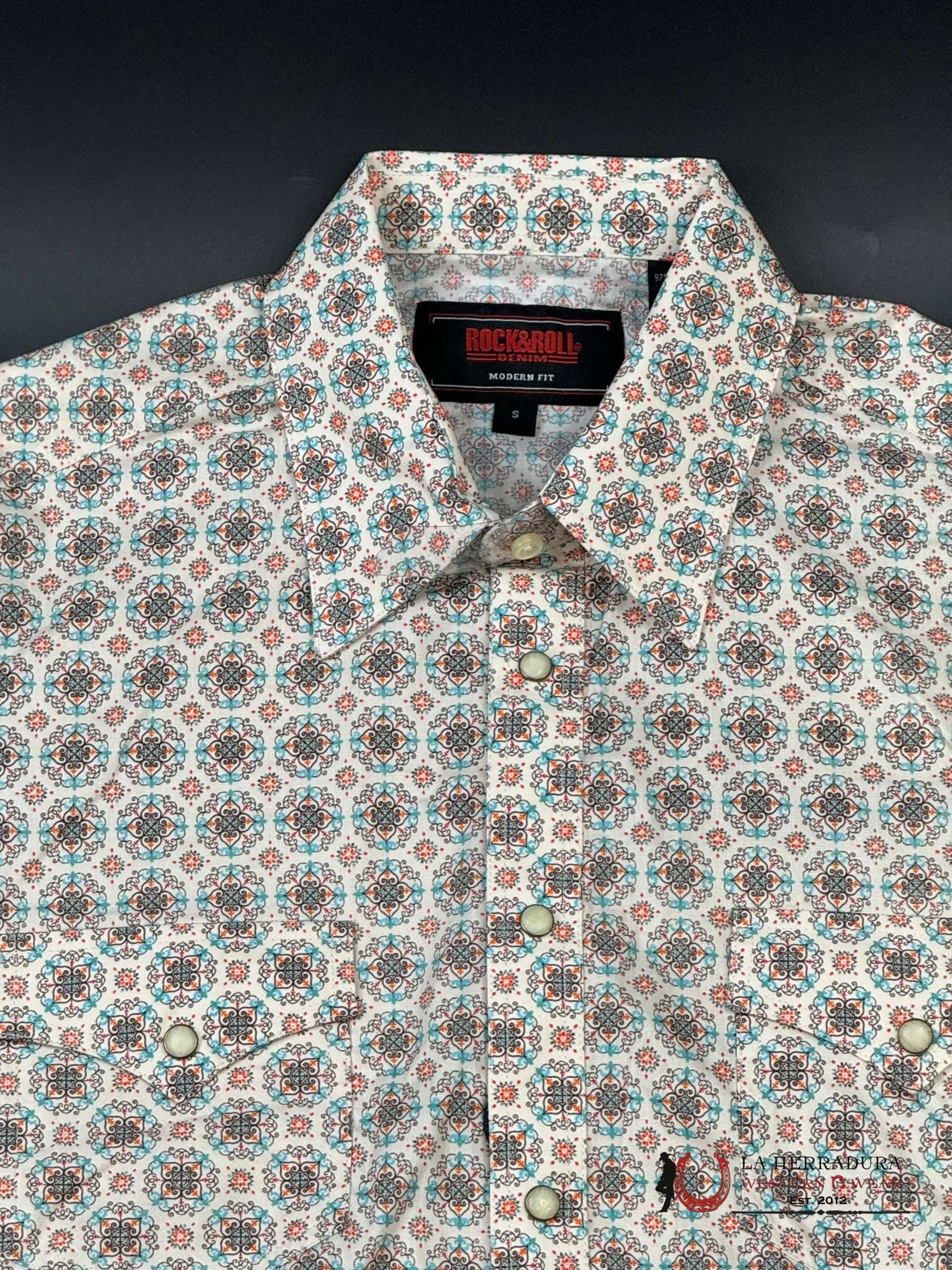 Rock&Roll Orange Medallion Snap Short Sleeve Shirt Ropa Hombres