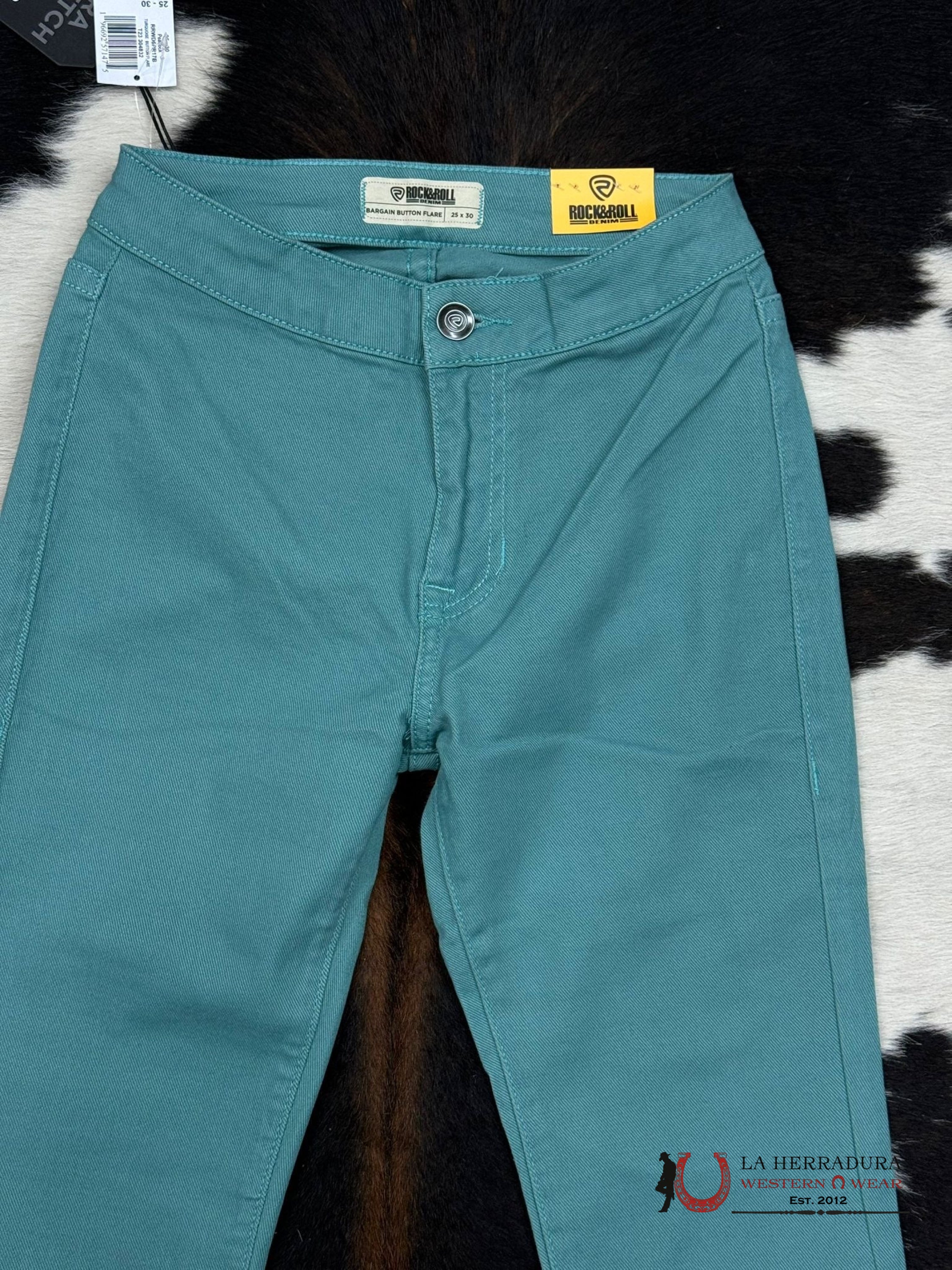 Rock&Roll Peacock Turquoise Button Flare Jeans Women