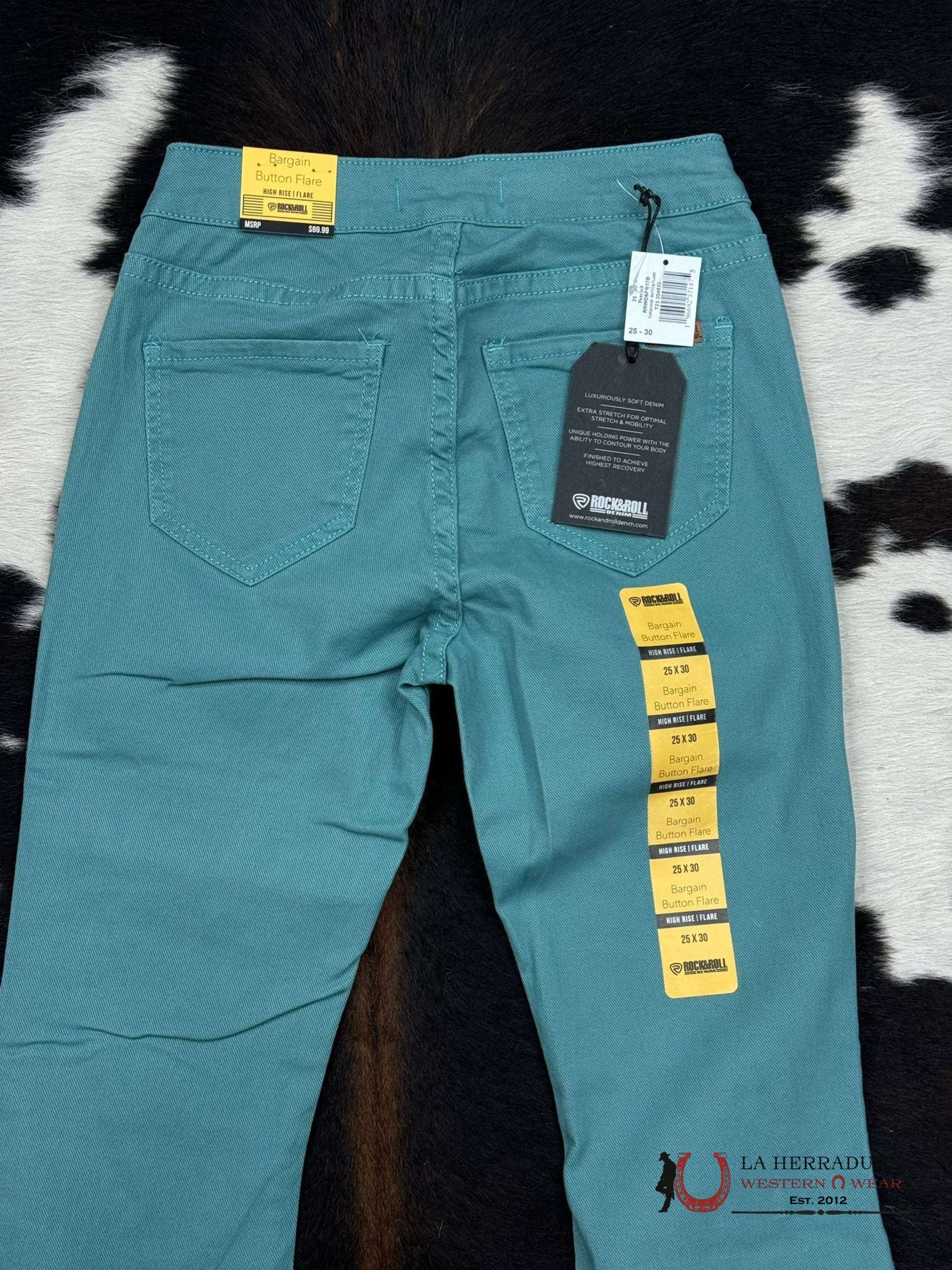 Rock&Roll Peacock Turquoise Button Flare Jeans Women