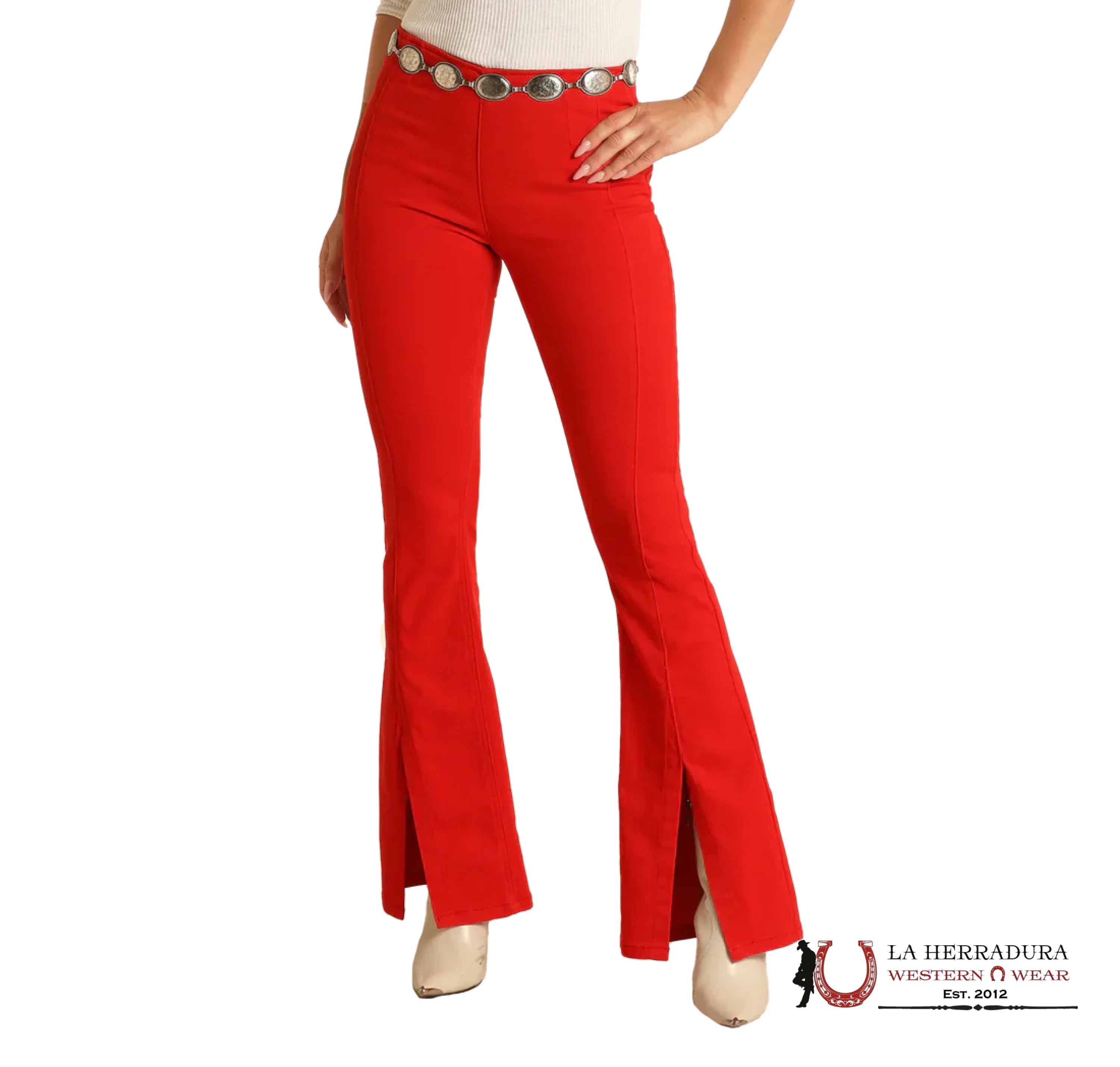 ROCK&ROLL RED BARGAIN BELL PULL ON HIGH RISE/FLARE ROCK&ROLL JEANS WOMEN