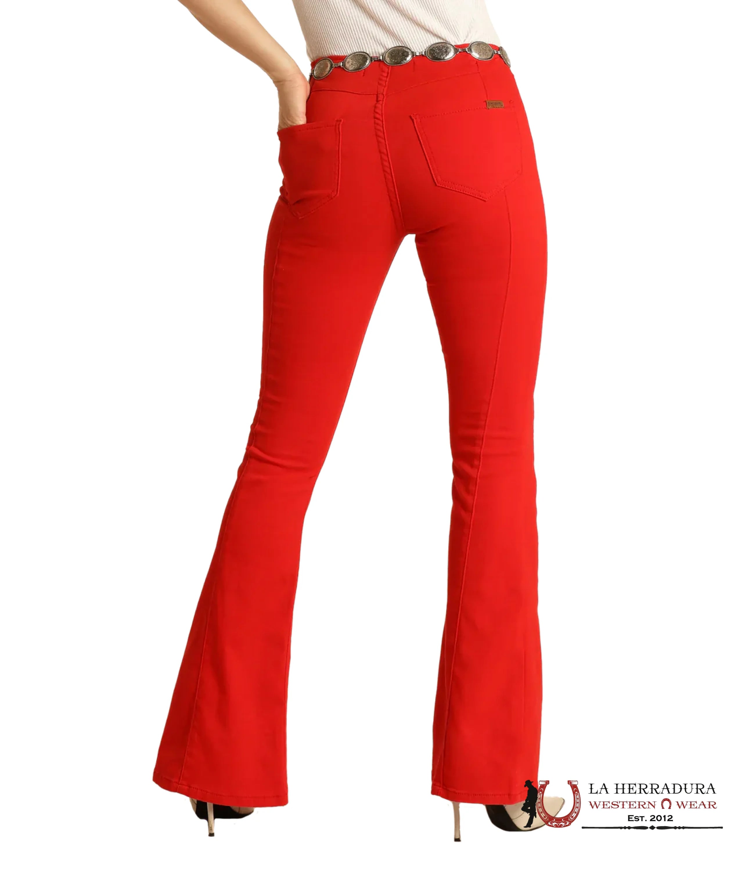 ROCK&ROLL RED BARGAIN BELL PULL ON HIGH RISE/FLARE ROCK&ROLL JEANS WOMEN