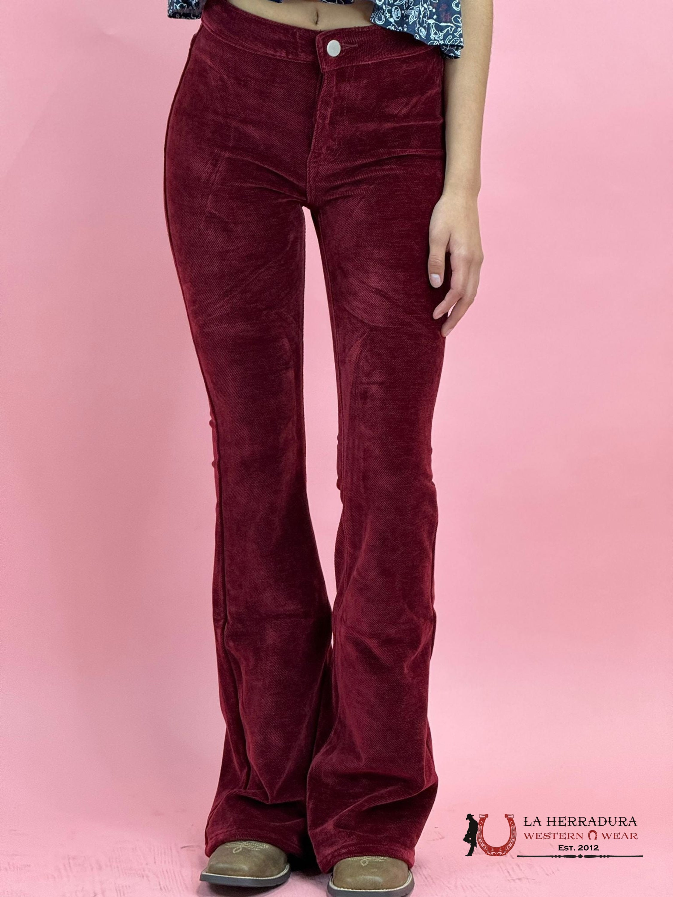Rock&Roll Red Corduroy Button Flare Jeans Women