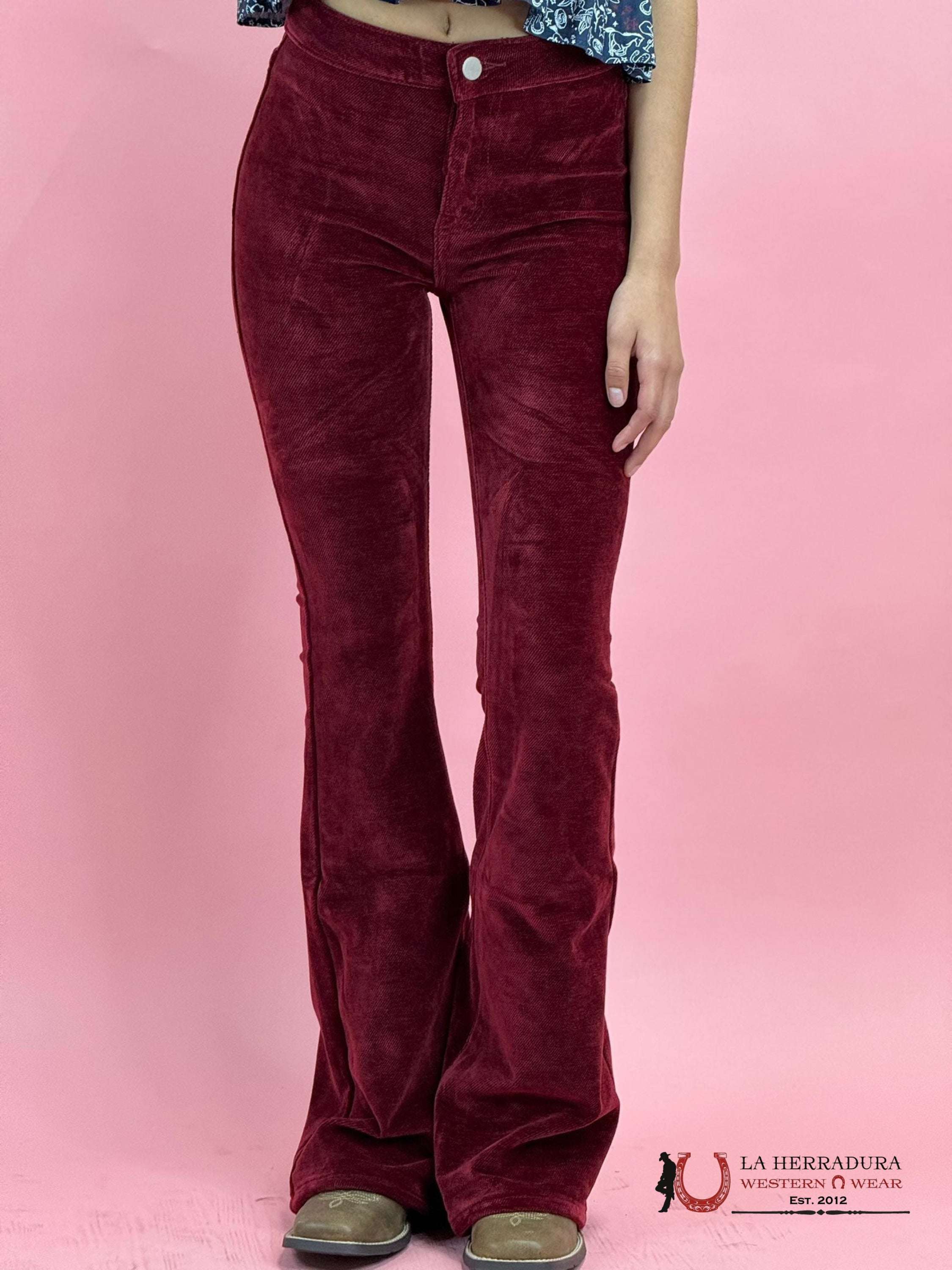 Rock&Roll Red Corduroy Button Flare Jeans Women