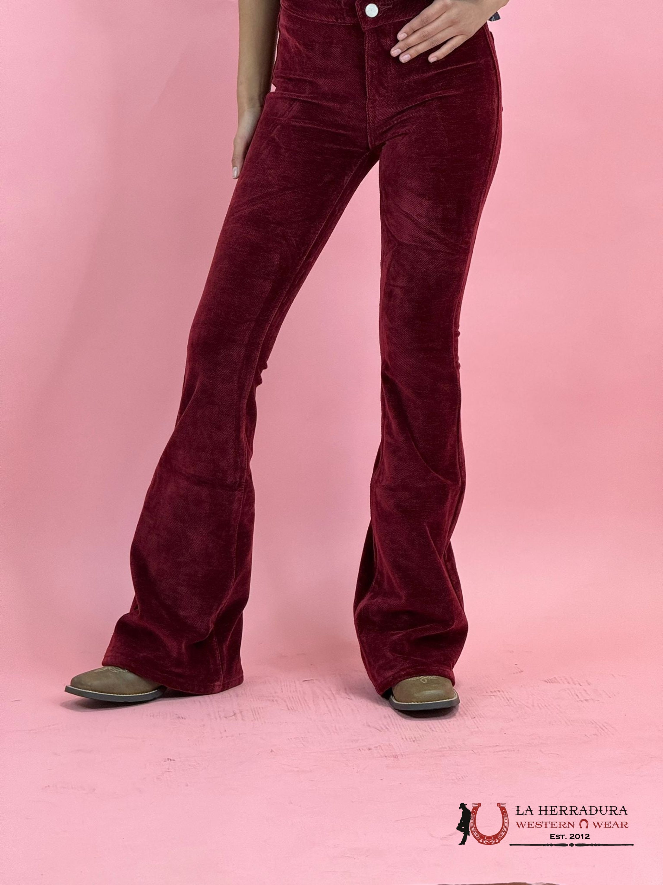 Rock&Roll Red Corduroy Button Flare Jeans Women