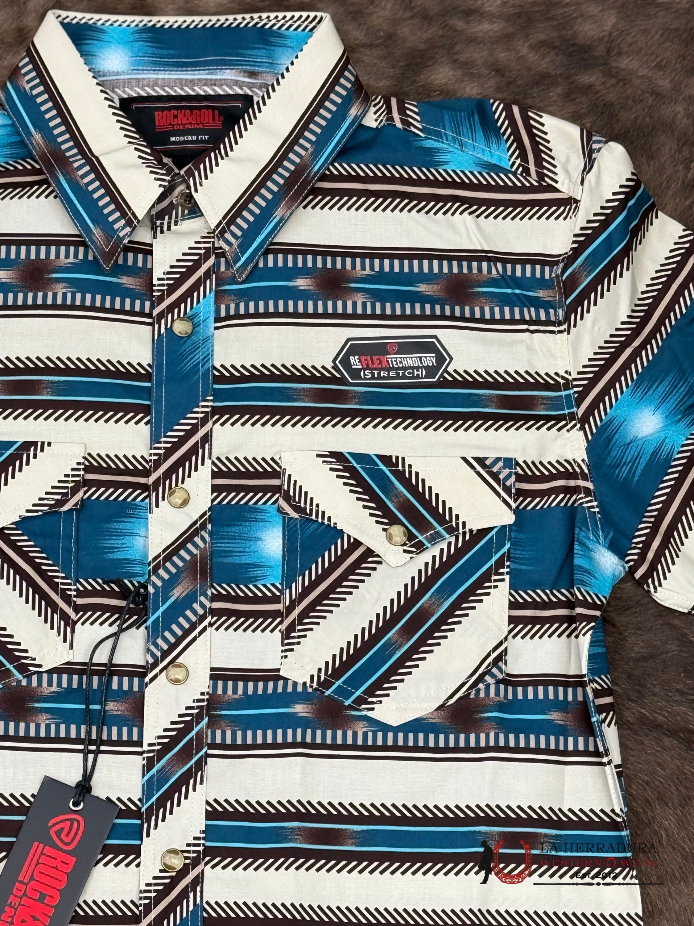 ROCK&ROLL SHORT SLEEVE BRIGHT TURQUOISE AZTEC STRIPE PRINT BUTTON UP - 5854 ROPA HOMBRES
