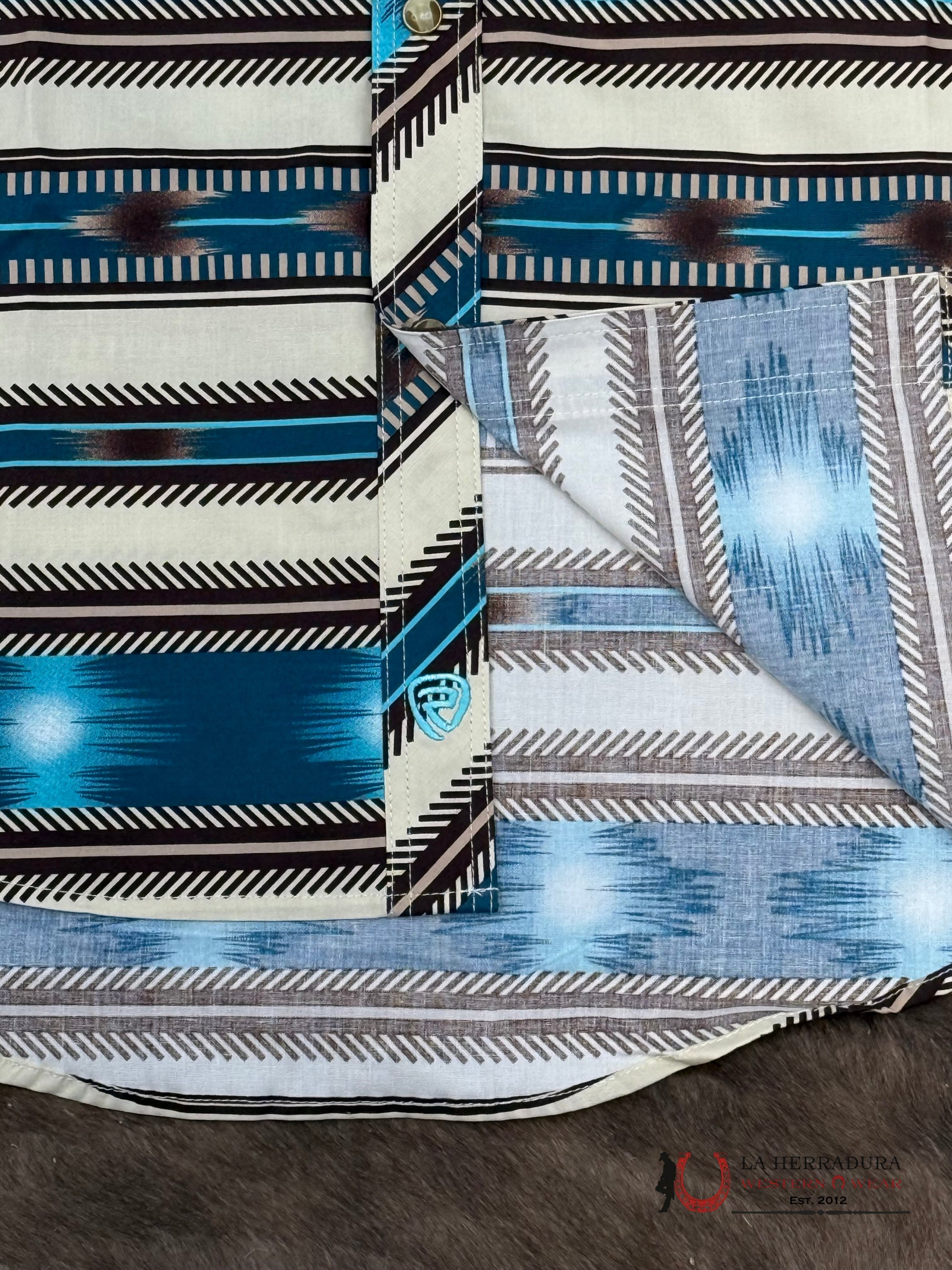 ROCK&ROLL SHORT SLEEVE BRIGHT TURQUOISE AZTEC STRIPE PRINT BUTTON UP - 5854 ROPA HOMBRES