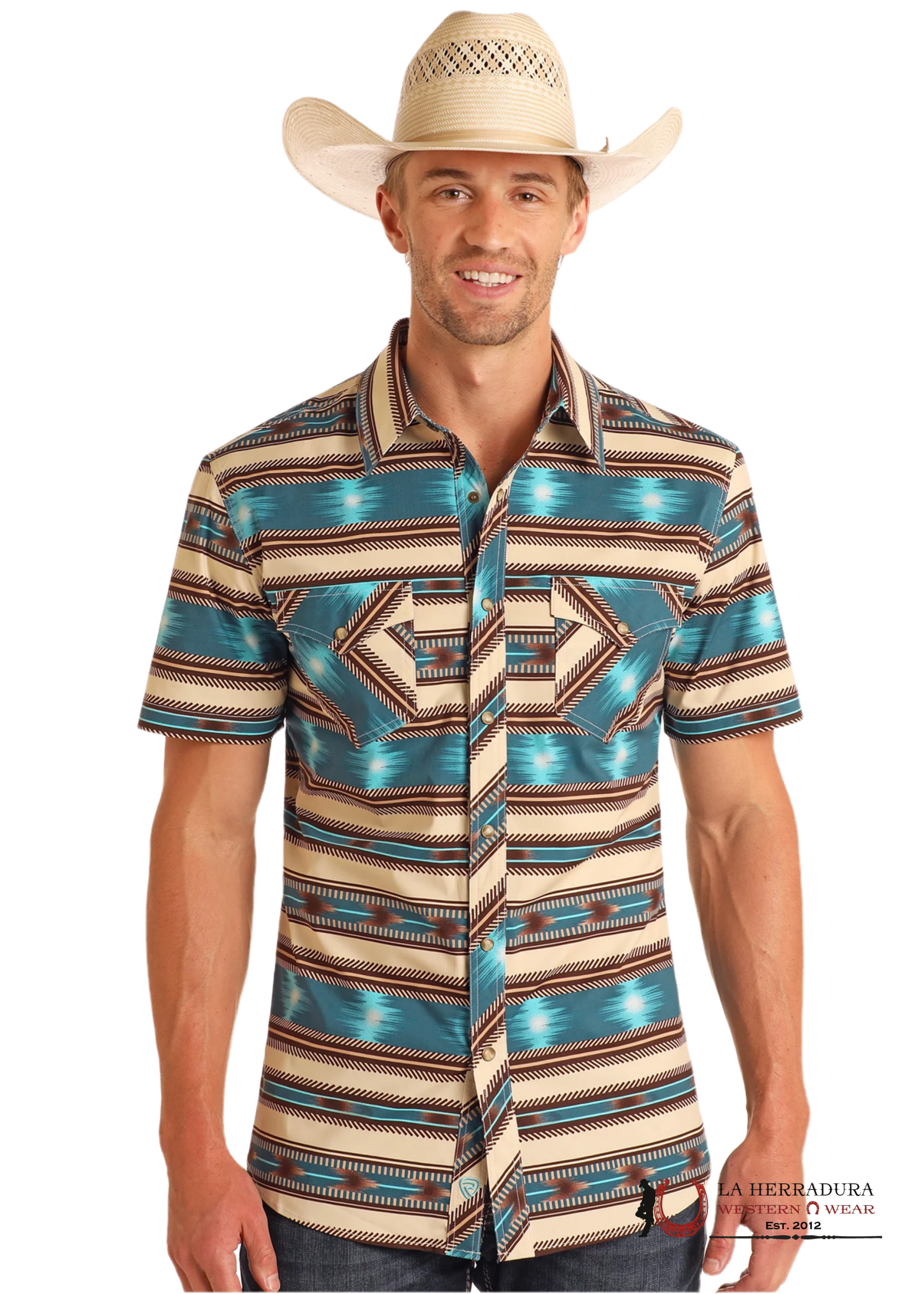 ROCK&ROLL SHORT SLEEVE BRIGHT TURQUOISE AZTEC STRIPE PRINT BUTTON UP - 5854 ROPA HOMBRES