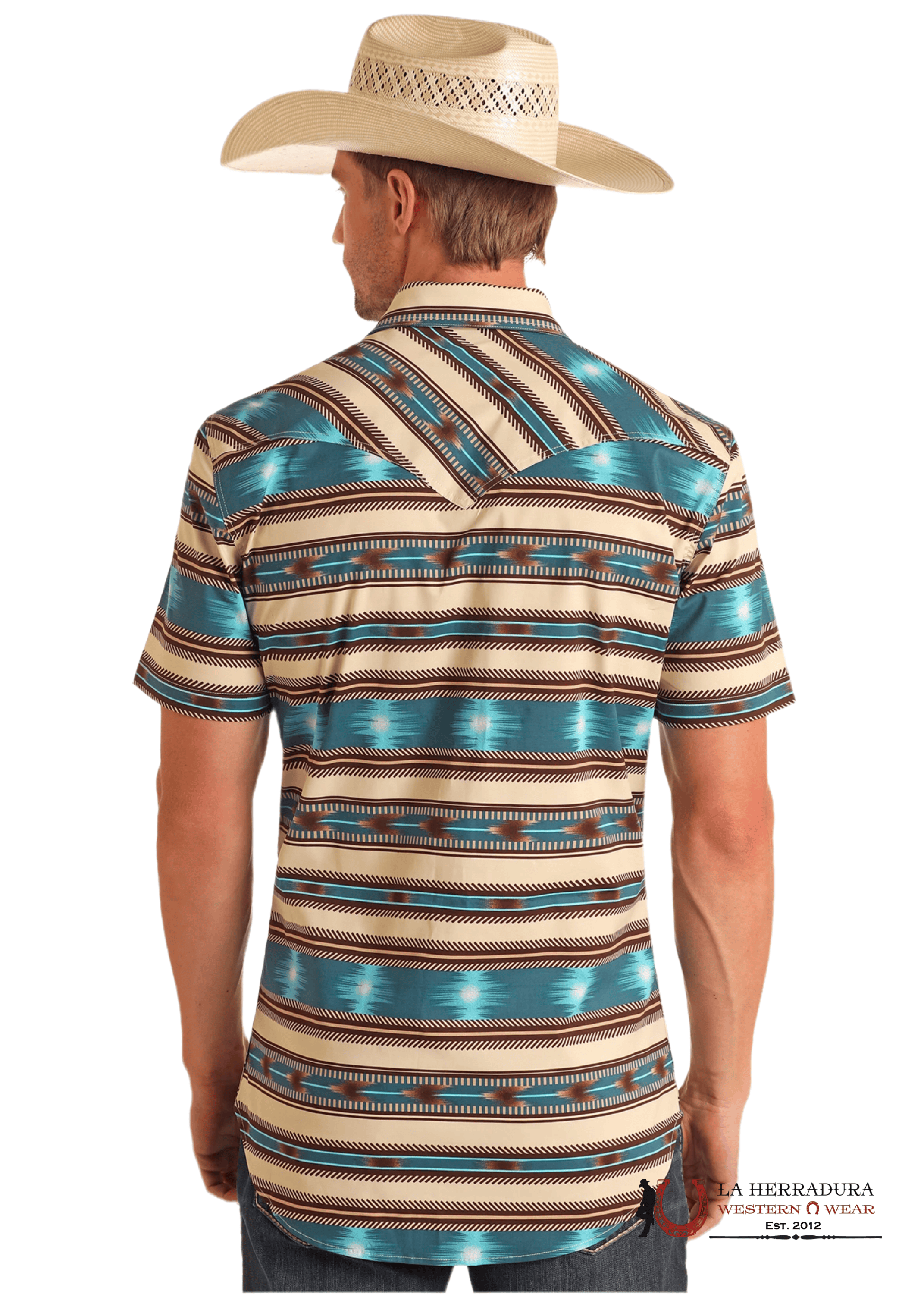 ROCK&ROLL SHORT SLEEVE BRIGHT TURQUOISE AZTEC STRIPE PRINT BUTTON UP - 5854 ROPA HOMBRES