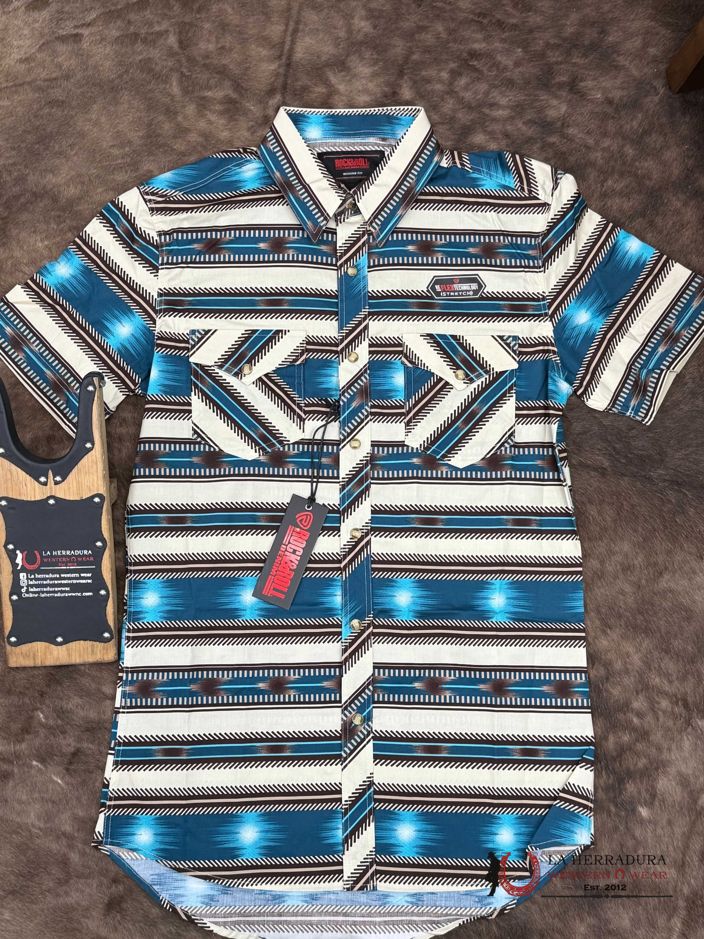 ROCK&ROLL SHORT SLEEVE BRIGHT TURQUOISE AZTEC STRIPE PRINT BUTTON UP - 5854 ROPA HOMBRES