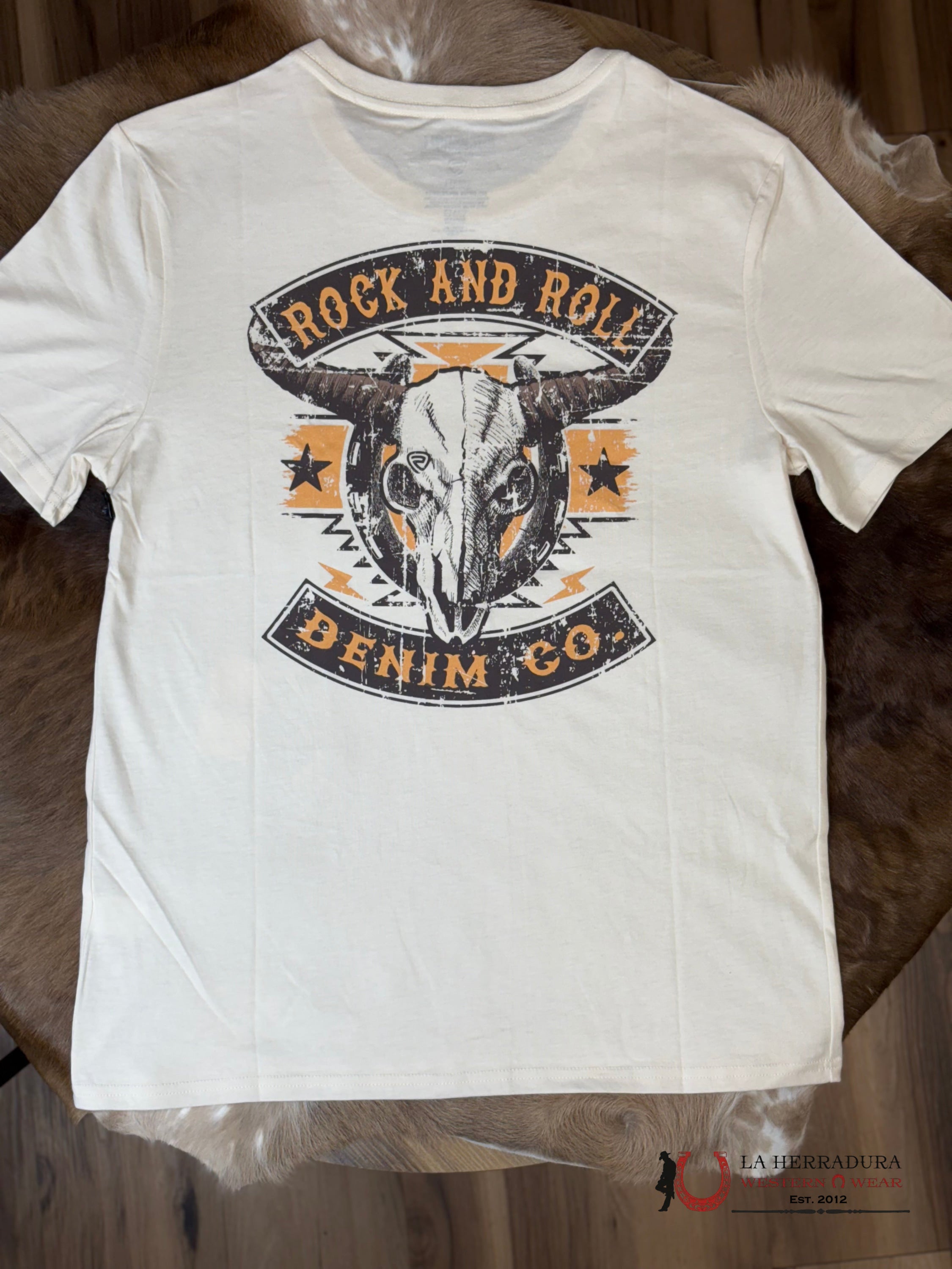 Rock&Roll Short Sleeve Natural Cream With Longhorn Skull Graphic Tee ROPA HOMBRES