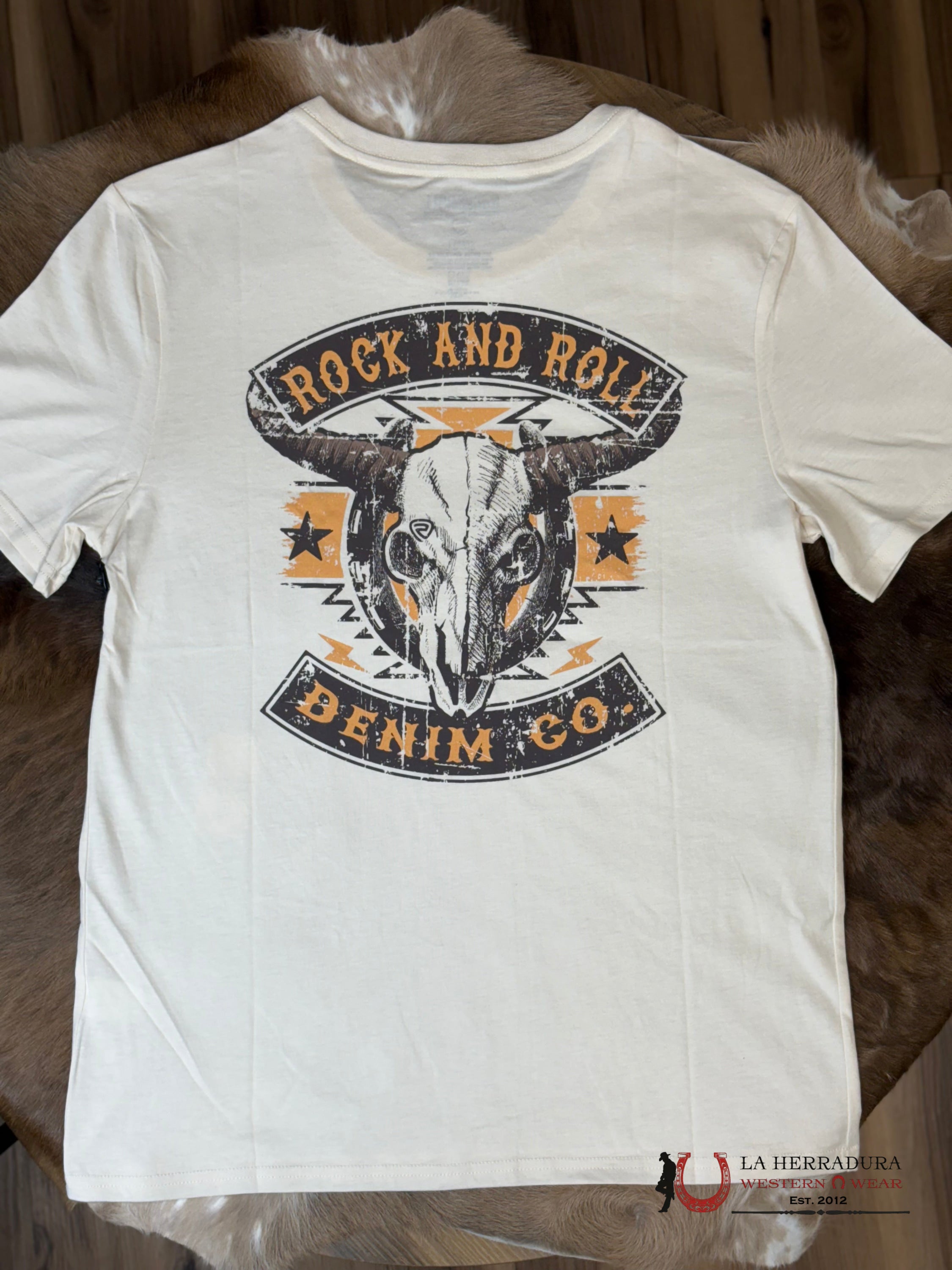 Rock&Roll Short Sleeve Natural Cream With Longhorn Skull Graphic Tee ROPA HOMBRES