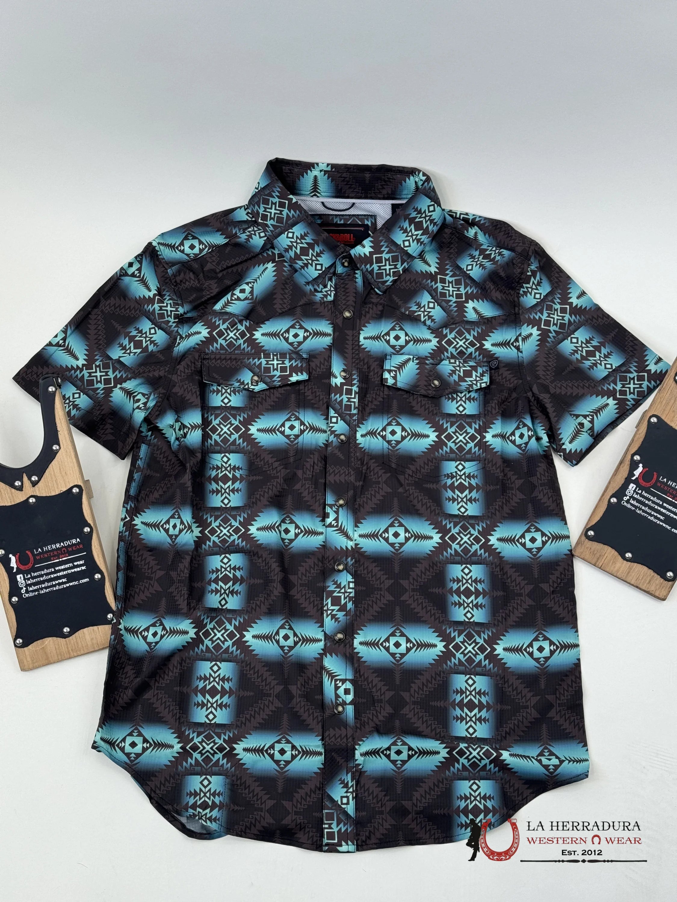 Rock&Roll Teal Aztec Snap Short Sleeve 4808 Ropa Hombres