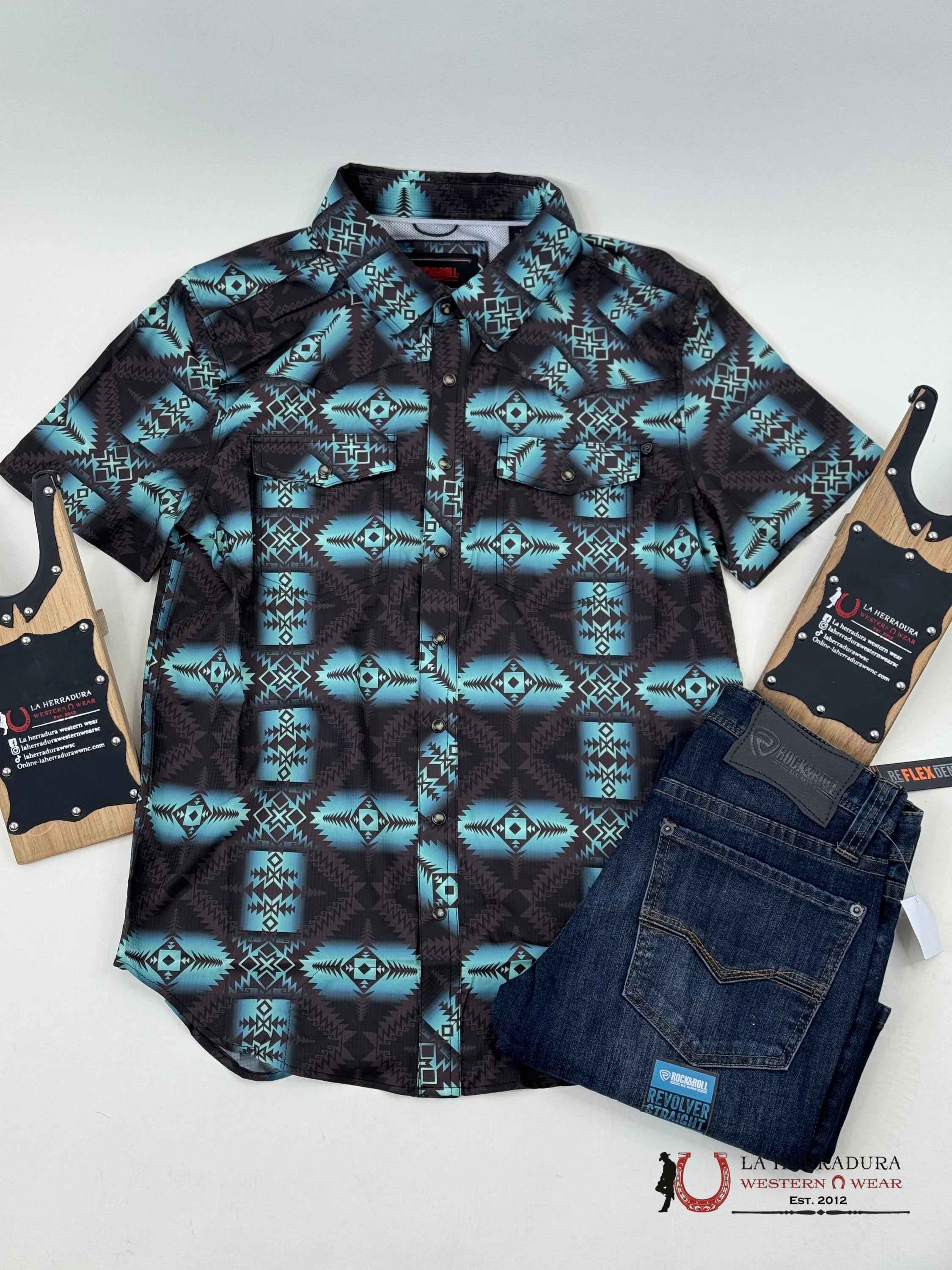 Rock&Roll Teal Aztec Snap Short Sleeve 4808 Ropa Hombres