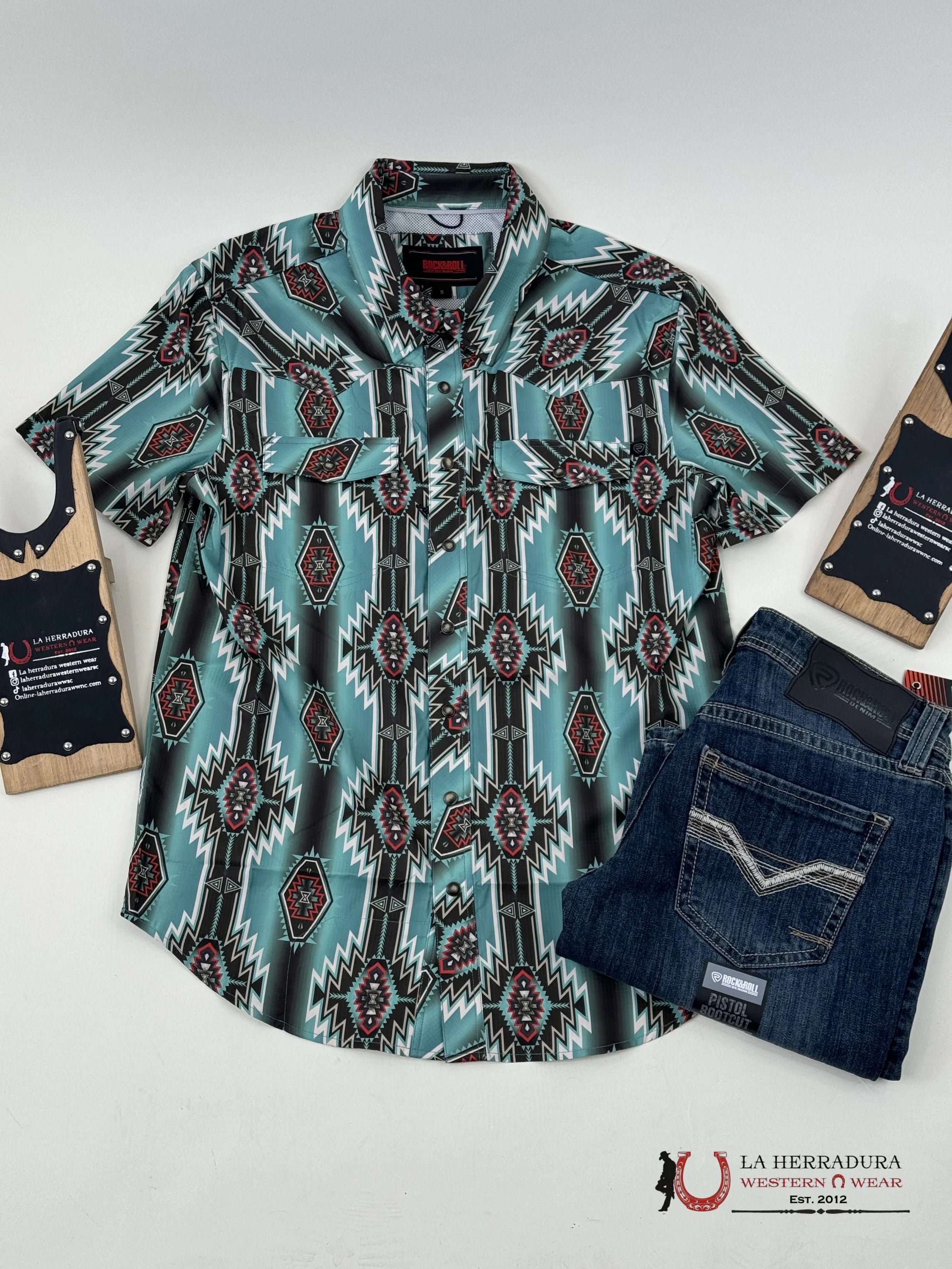 Rock&Roll Turquoise Aztec Snap Short Sleeve 4804 Ropa Hombres