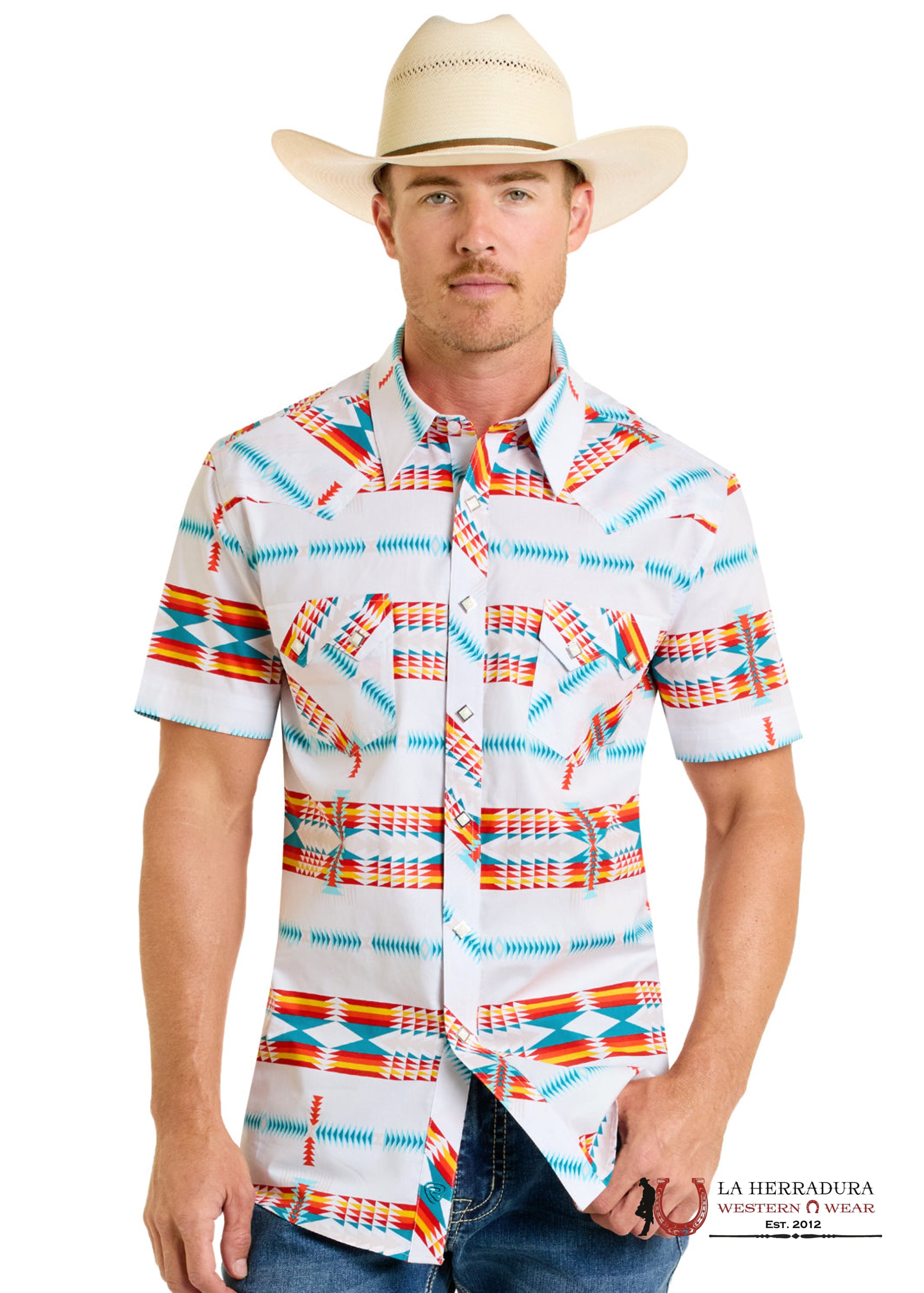 Rock&roll White Short Sleeve With Multi Aztec Color Print Shirt - 6488 ROPA HOMBRES