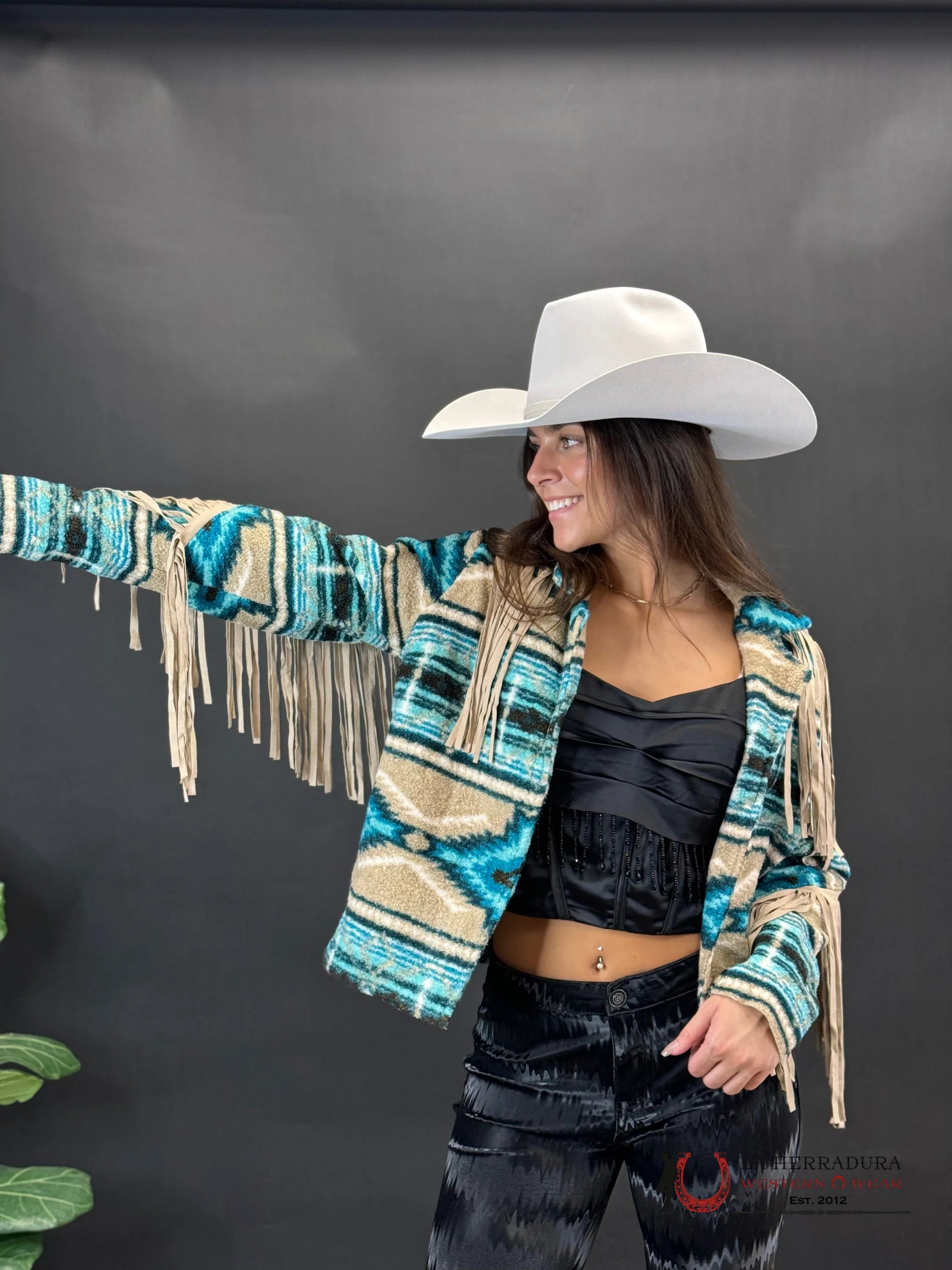 Rock&Roll Womens Teddy Berber Jacket W Fringe Turquoise Ropa Mujeres
