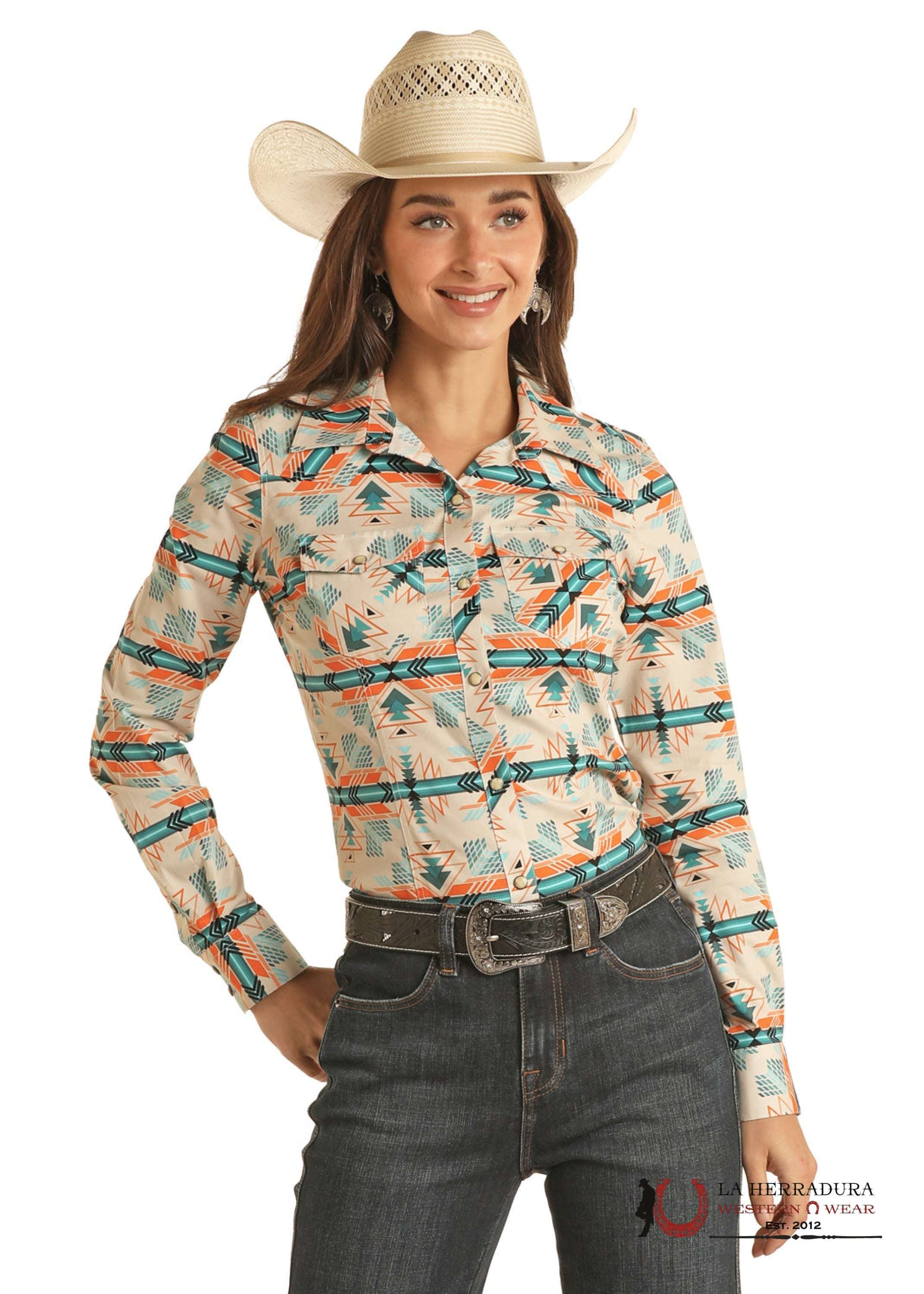 ROCK&ROLL WOMENS AZTEC TURQUOISE LONG SLEEVE SNAP SHIRT BWN2S03355 ROPA MUJERES