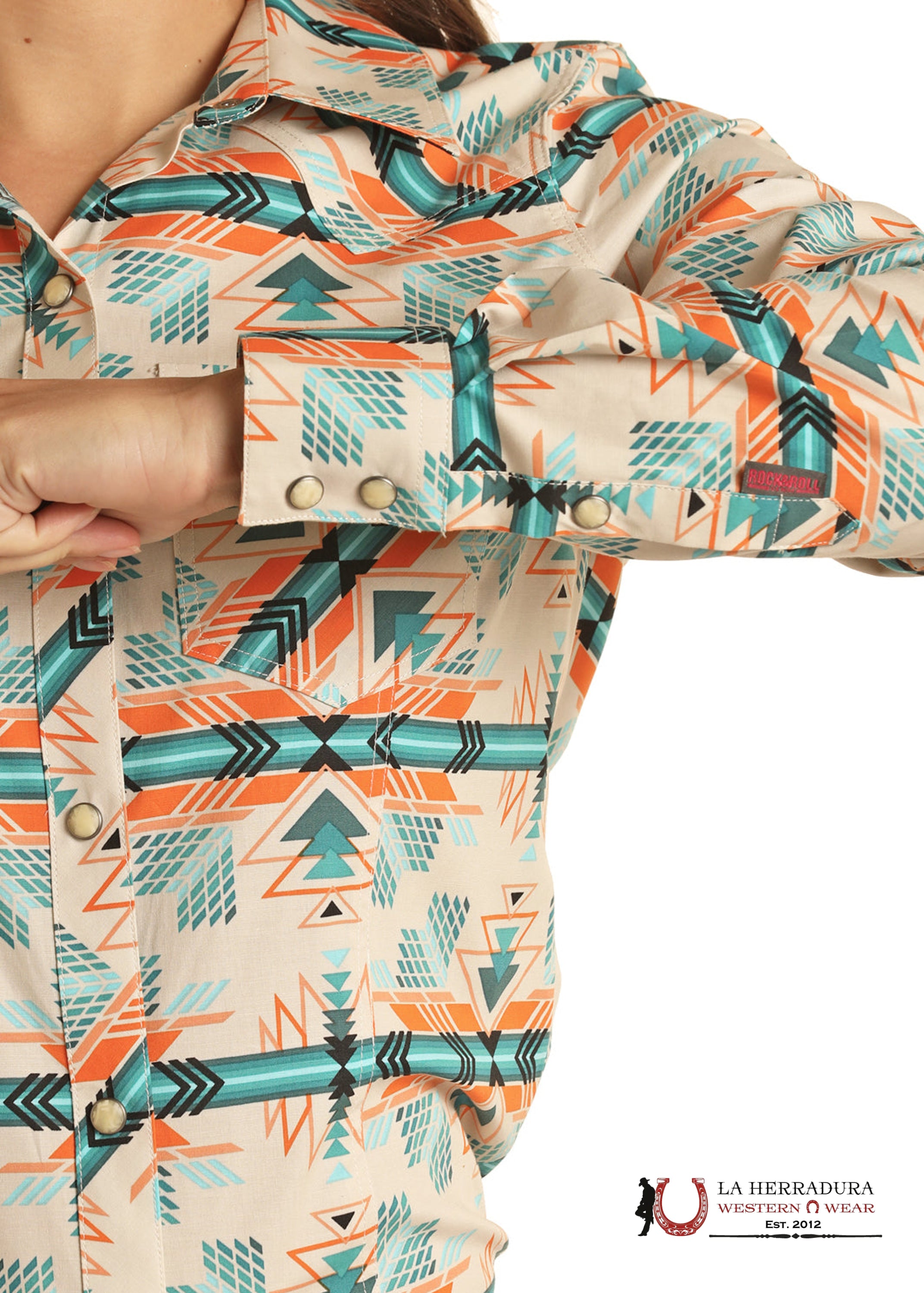 ROCK&ROLL WOMENS AZTEC TURQUOISE LONG SLEEVE SNAP SHIRT BWN2S03355 ROPA MUJERES