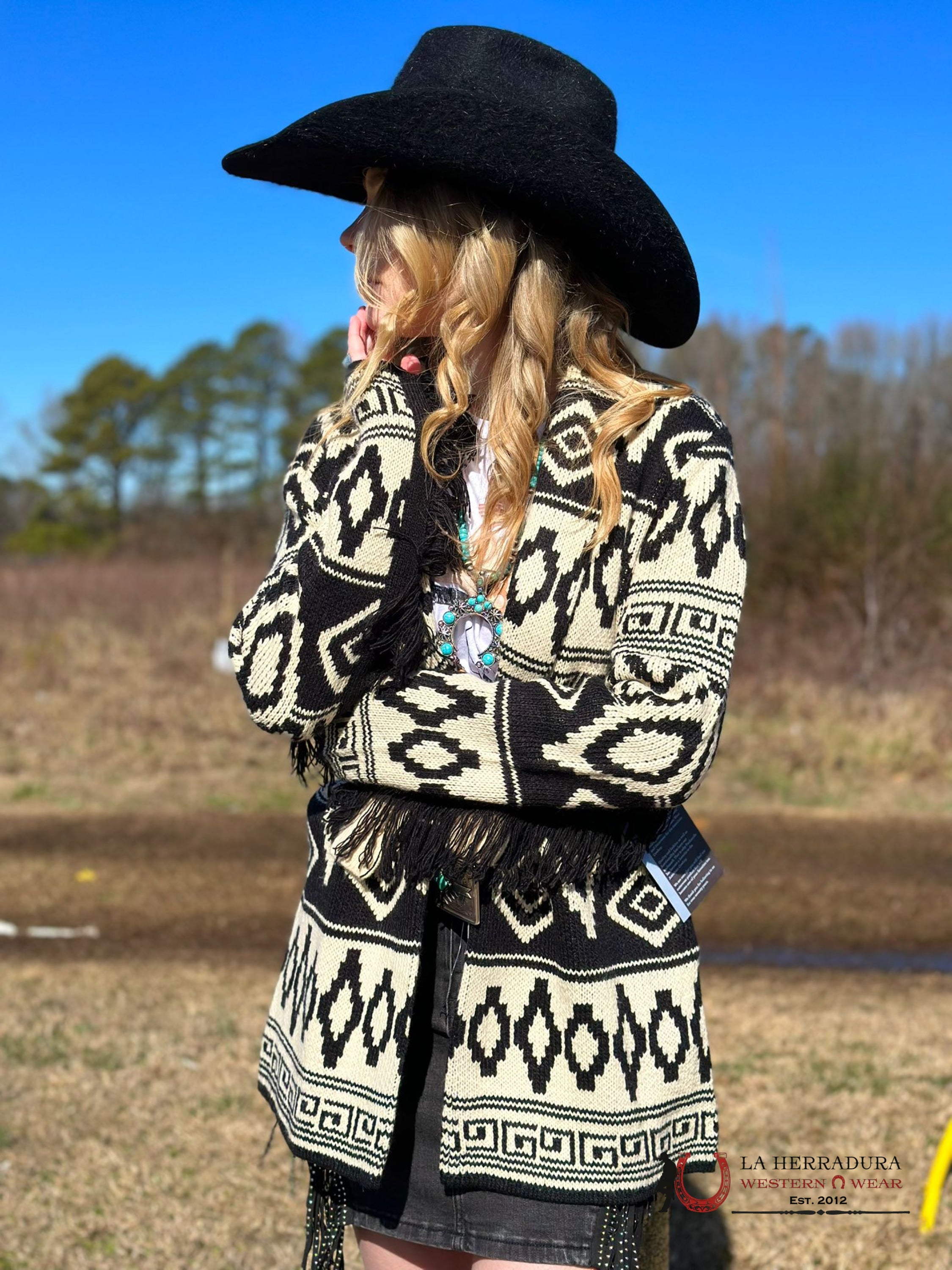 Rock&Roll Womens Beige/Black Aztec Print Fringe Cardigan Front Tie Ropa Mujeres