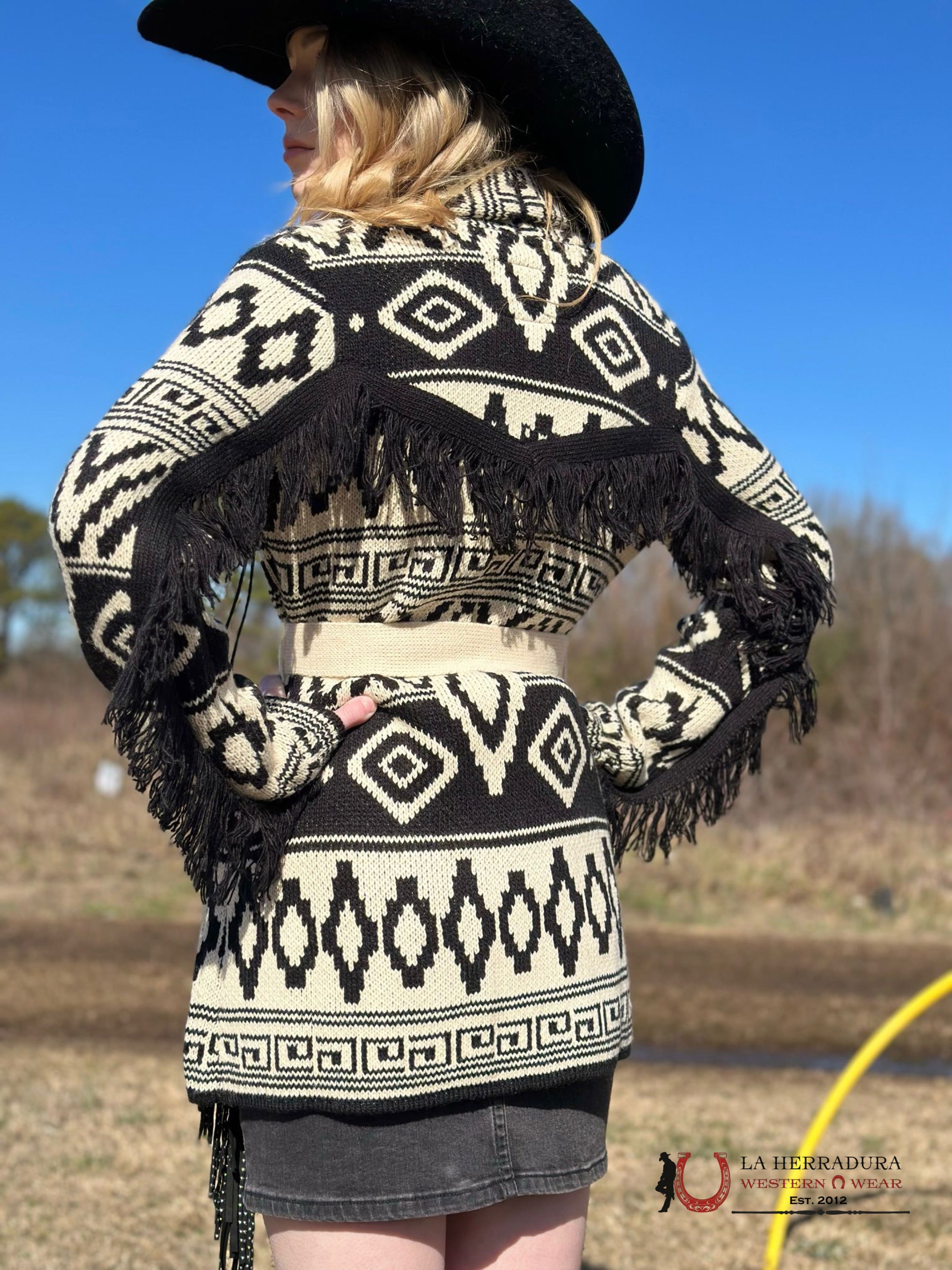 Rock&Roll Womens Beige/Black Aztec Print Fringe Cardigan Front Tie Ropa Mujeres