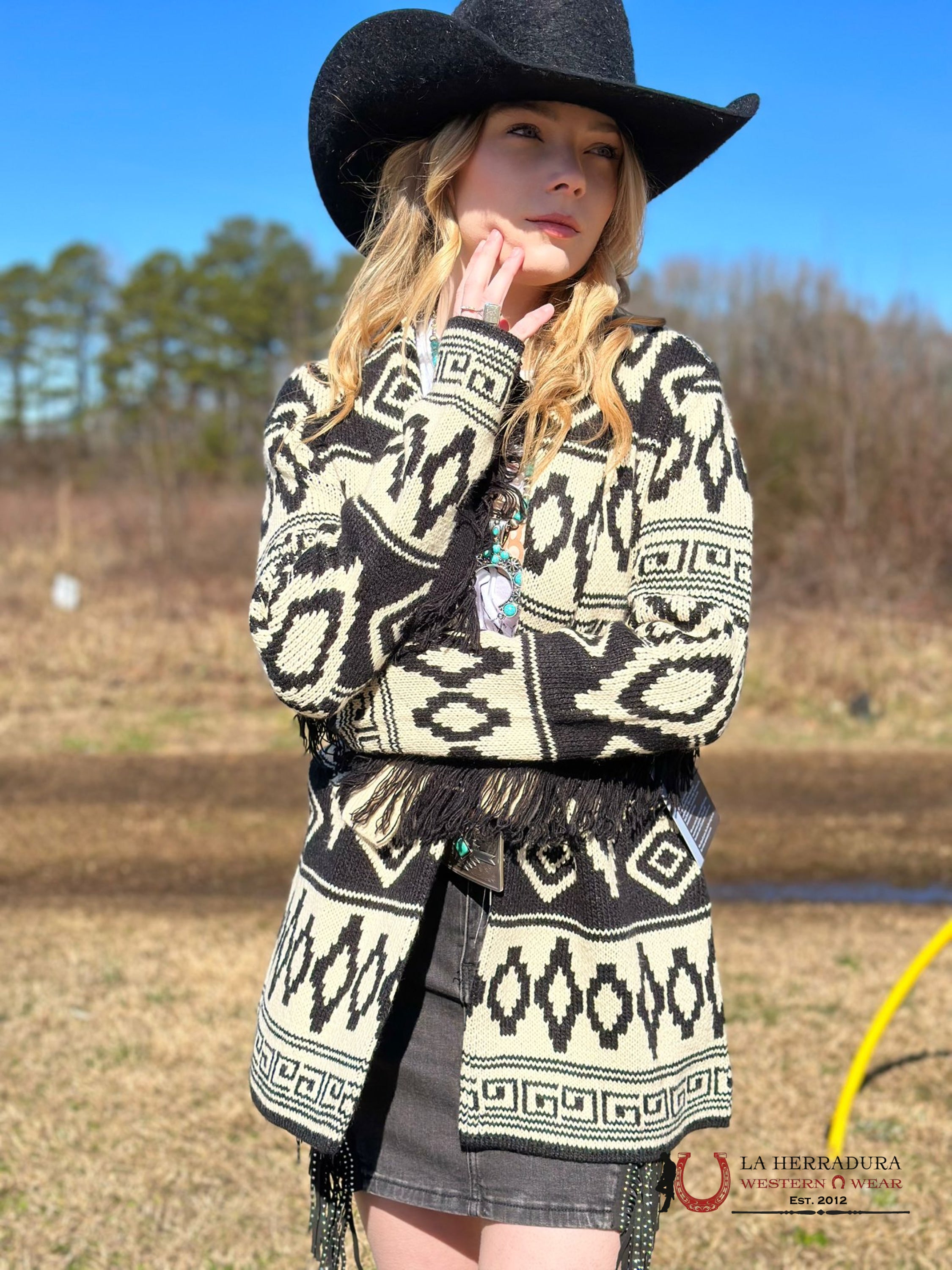 Rock&Roll Womens Beige/Black Aztec Print Fringe Cardigan Front Tie Ropa Mujeres