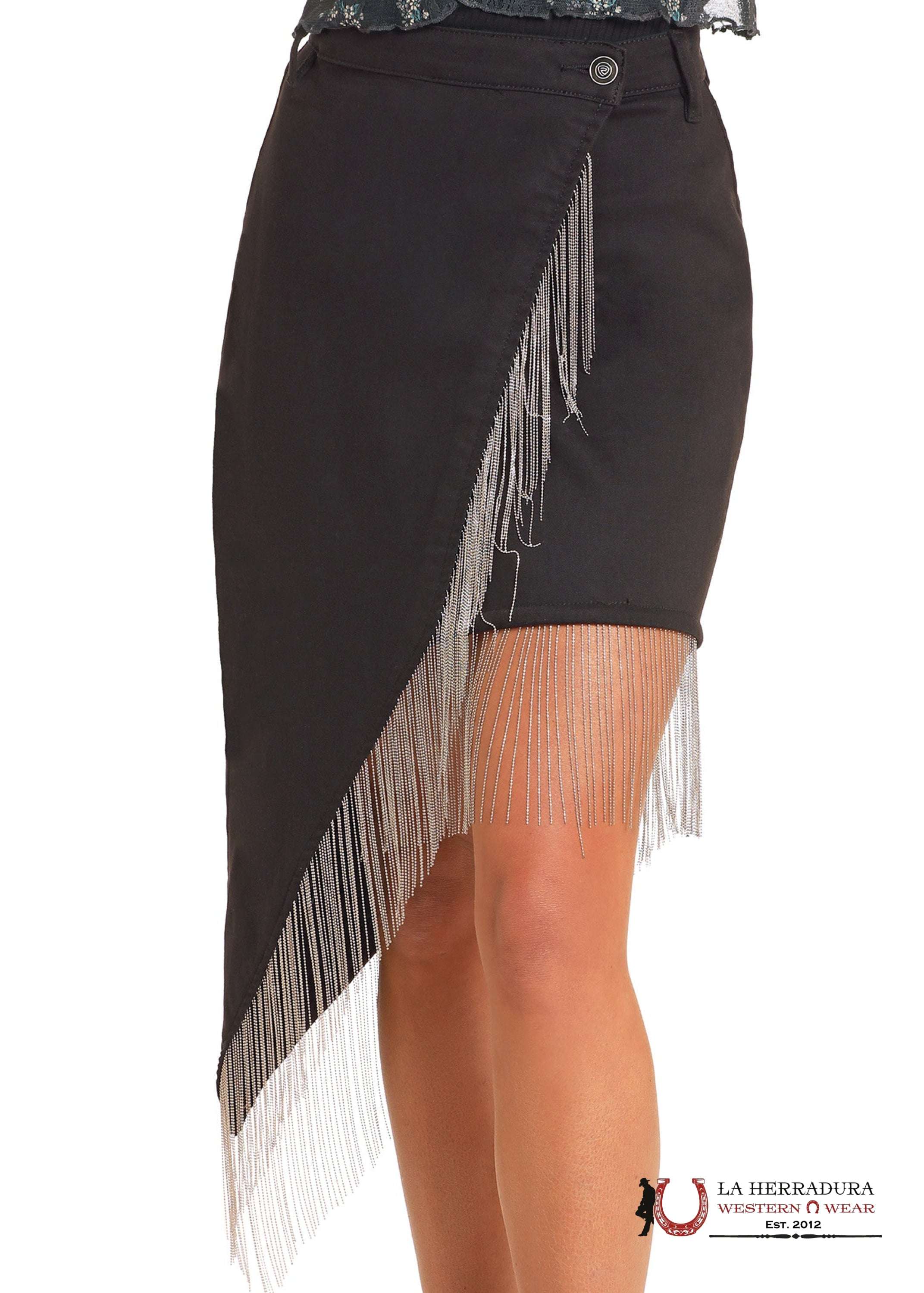 Rock&Roll Women’s Black Leather Skirt With Side Seam Crystal Fringe BW69D04923 ROPA MUJERES