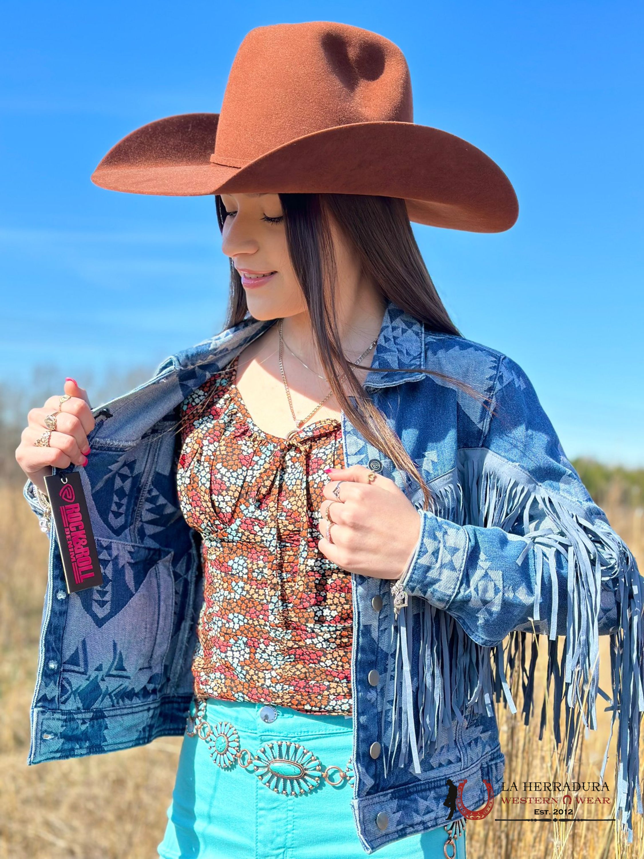 Rock&Roll Womens Blue Aztec Fringe Denim Jacket Ropa Mujeres