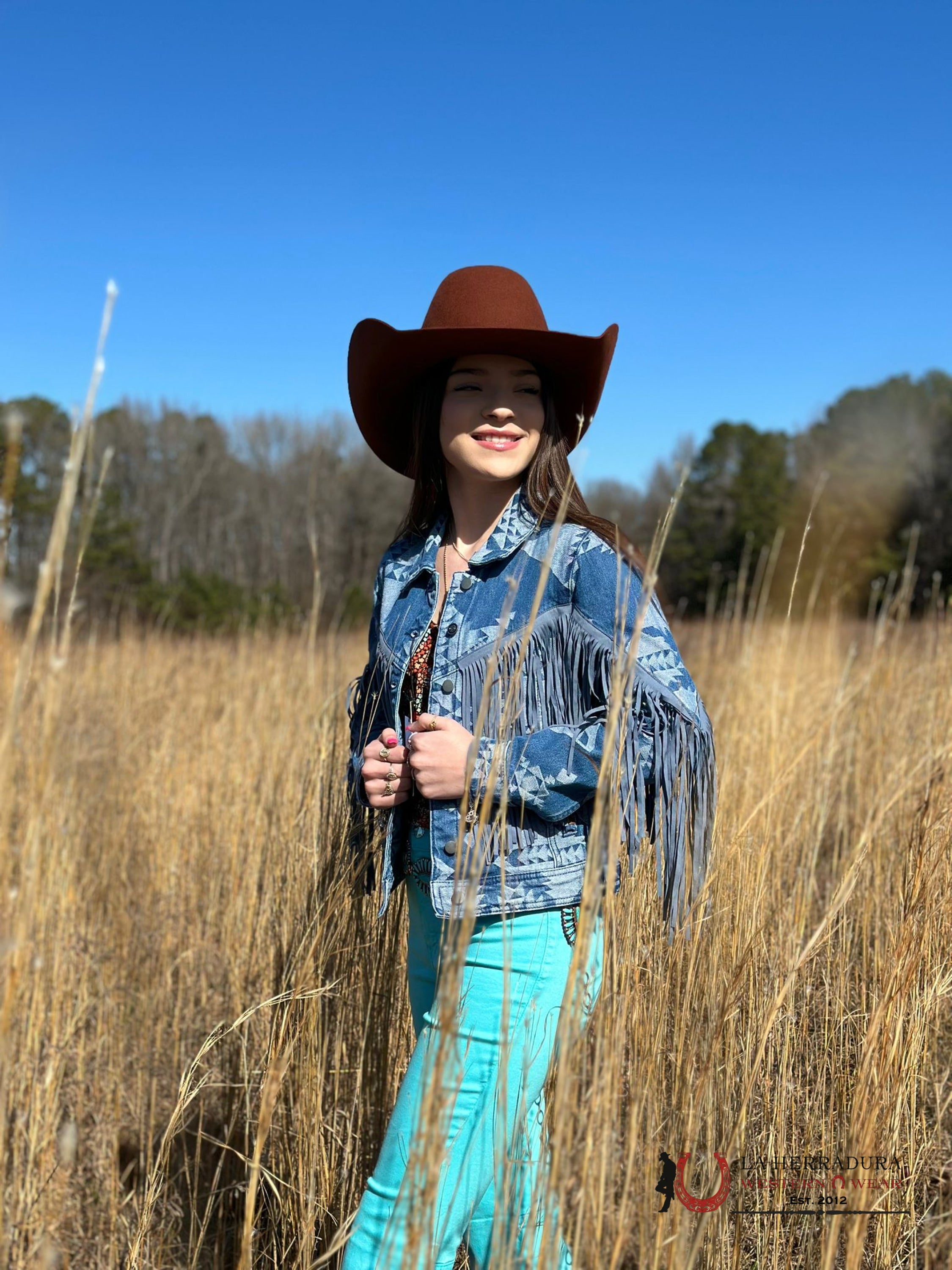 Rock&Roll Womens Blue Aztec Fringe Denim Jacket Ropa Mujeres