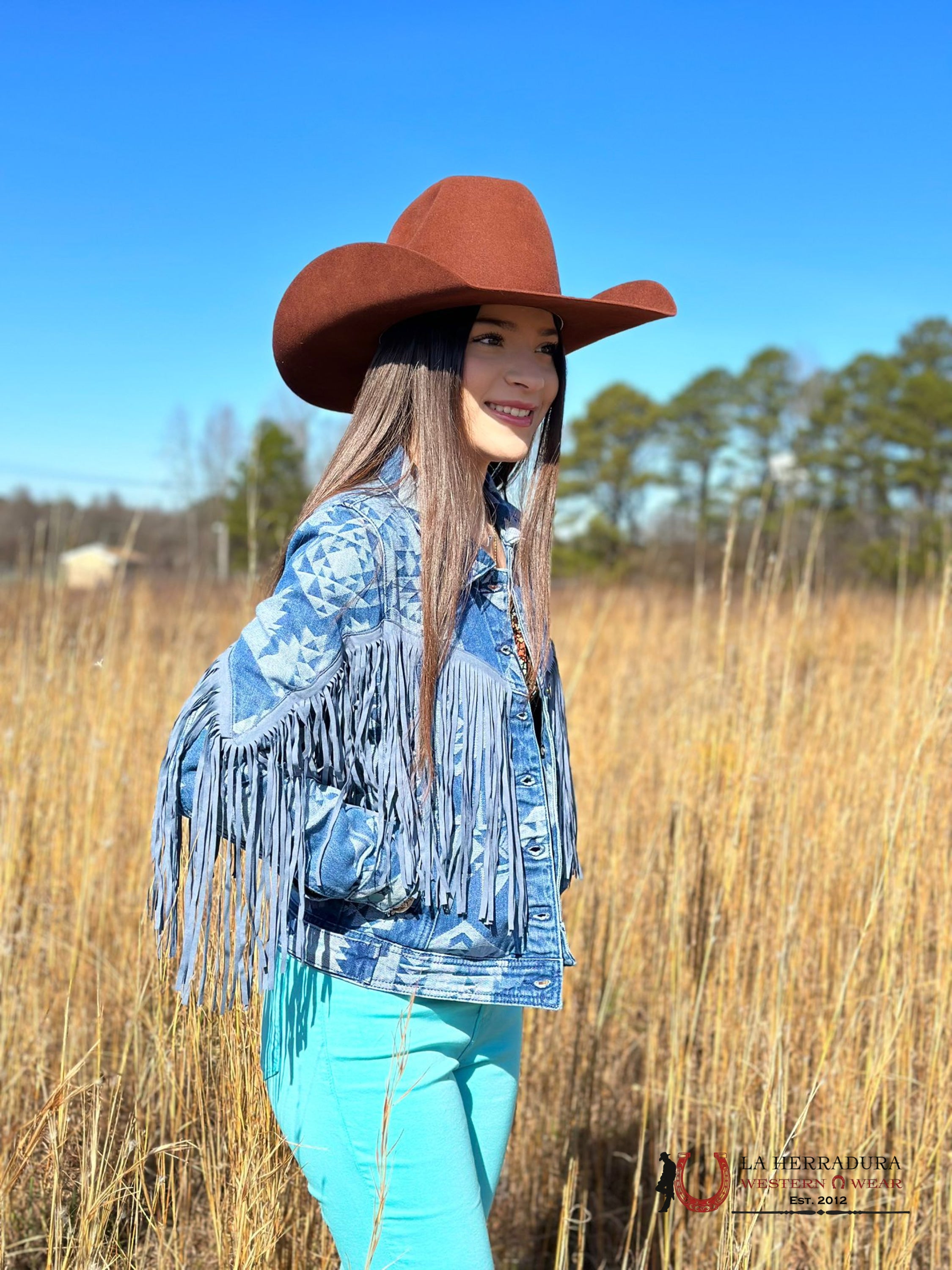 Rock&Roll Womens Blue Aztec Fringe Denim Jacket Ropa Mujeres