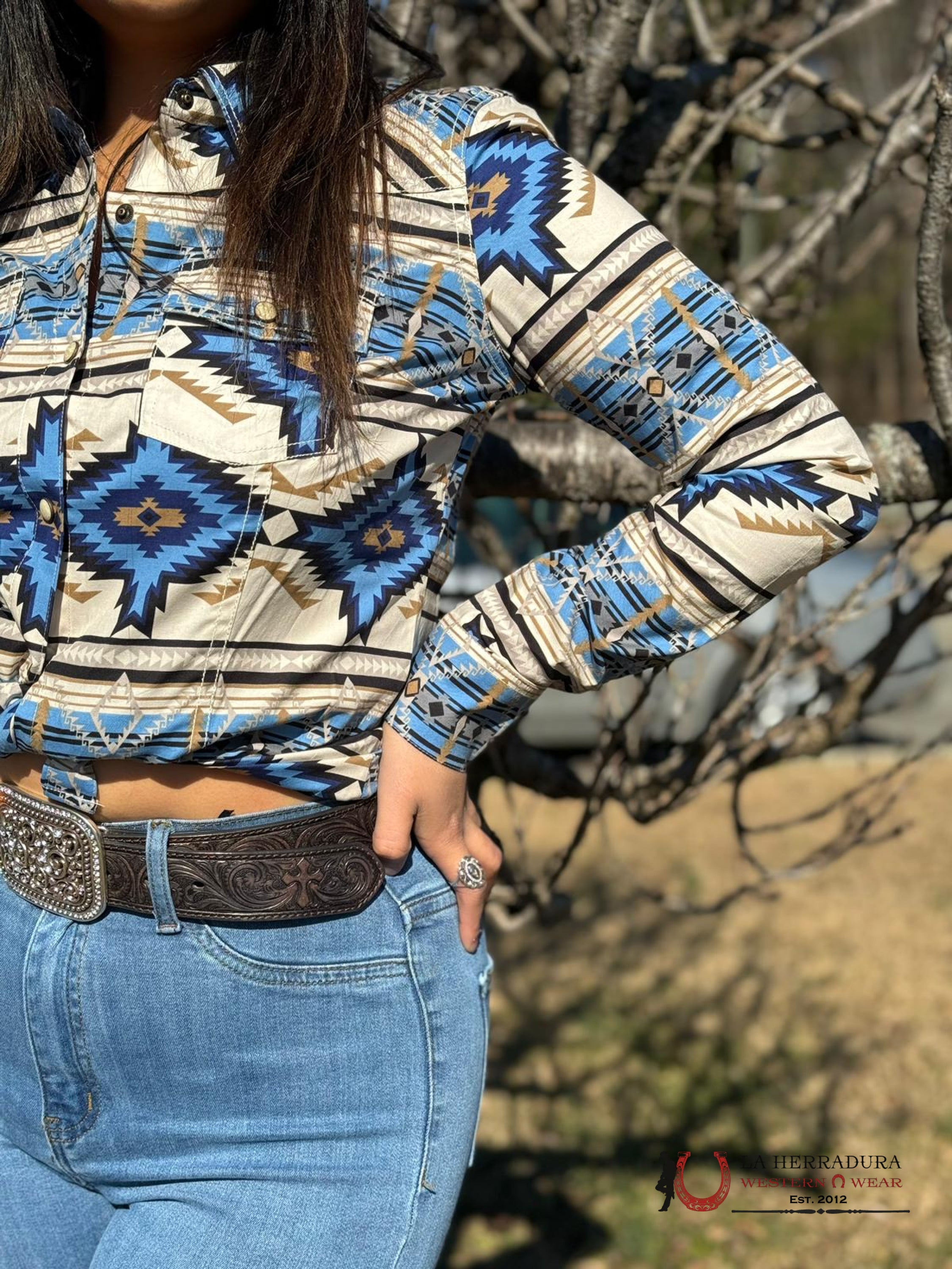 Rock&Roll Womens Blue Beige Aztec Print Snap Shirt Ropa Mujeres