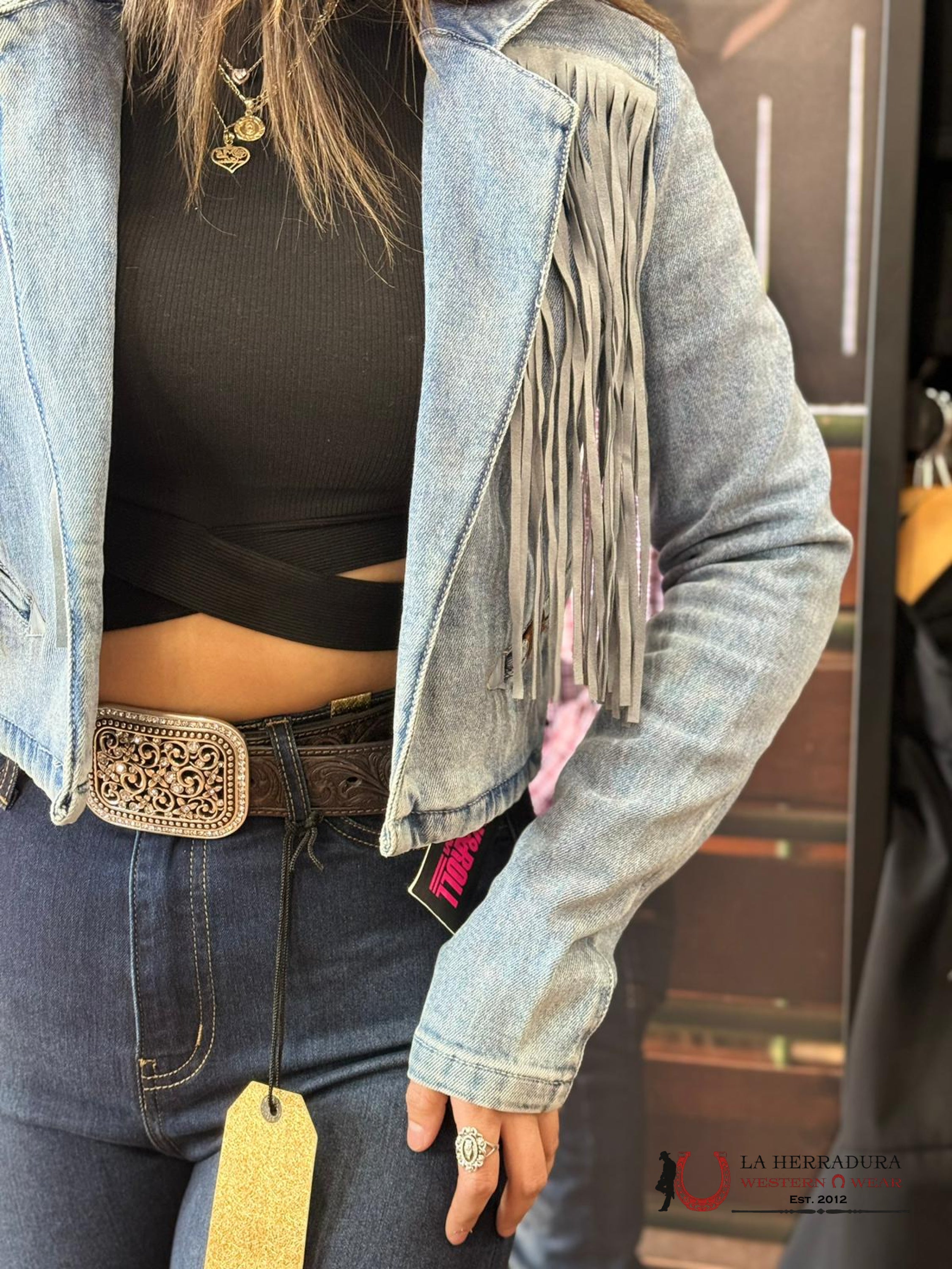 Rock&Roll Womens Blue Fringe Denim Jacket Ropa Mujeres