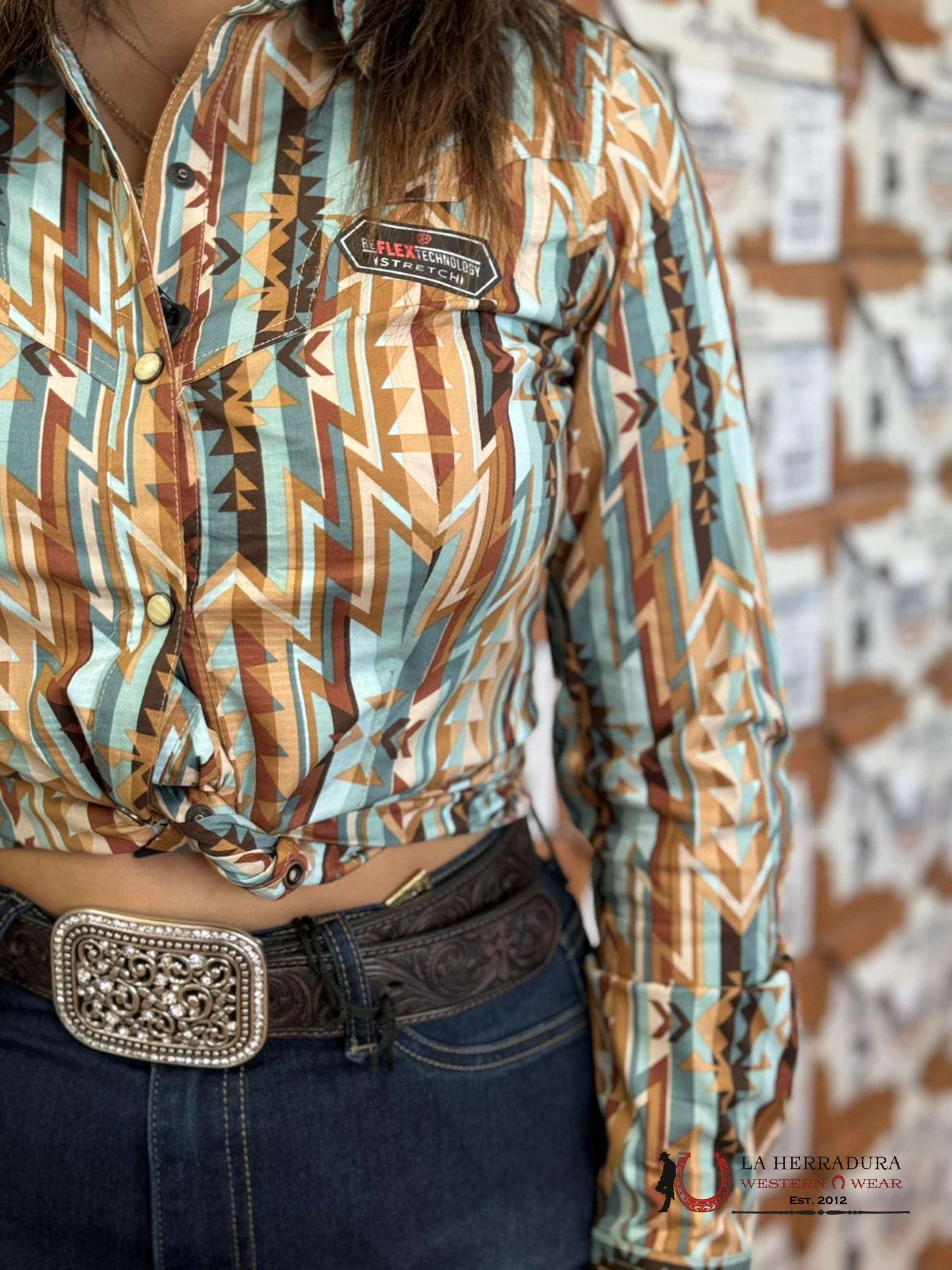 Rock&Roll Womens Button Up Light Teal Brown Aztec Ropa Mujeres