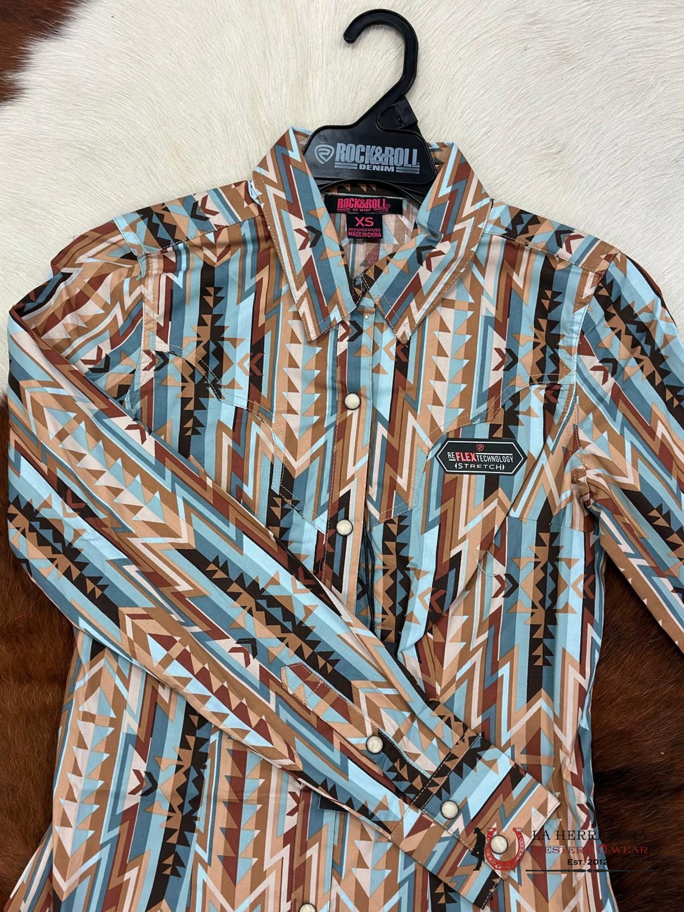 Rock&Roll Womens Button Up Light Teal Brown Aztec Ropa Mujeres