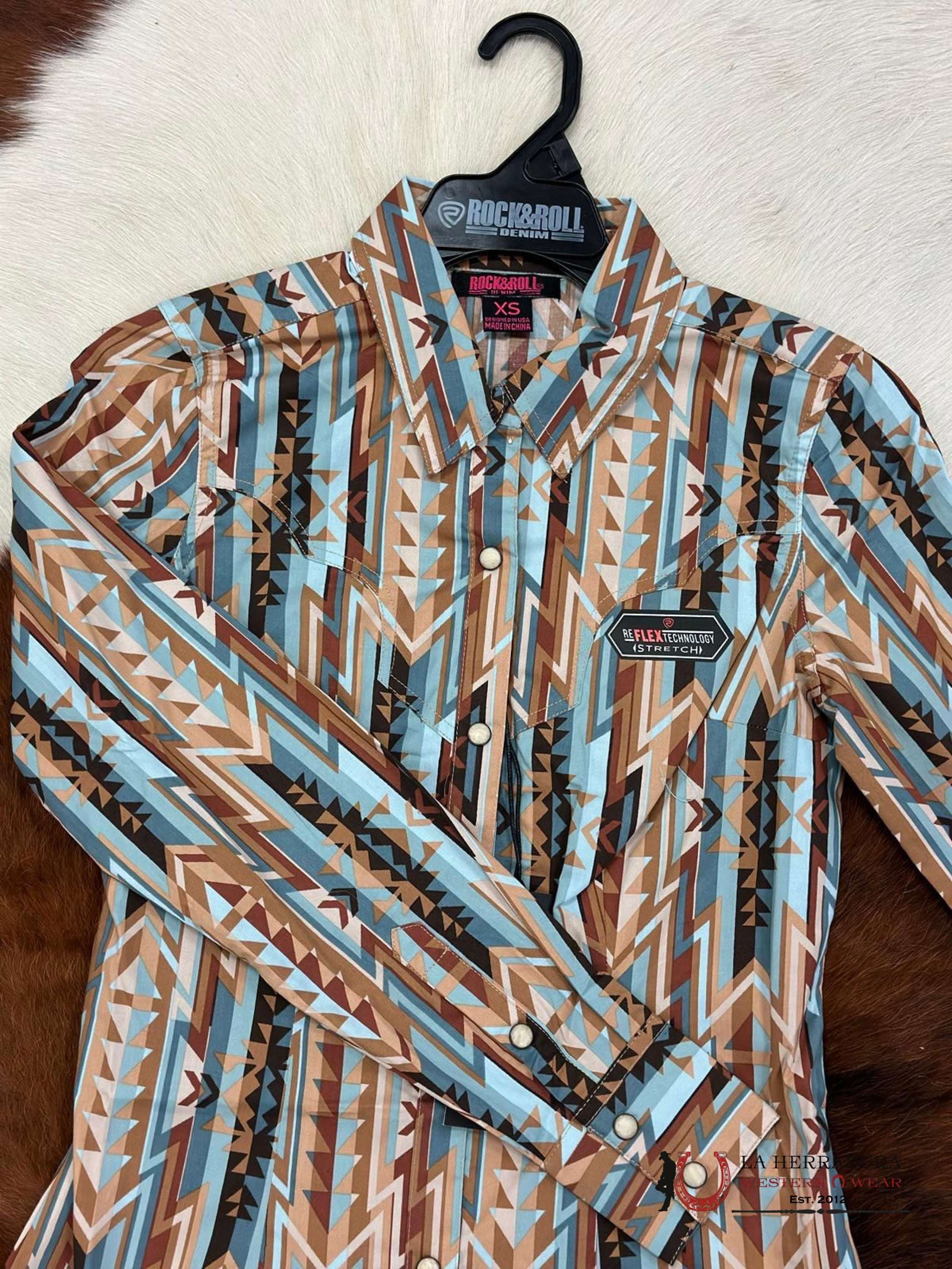 Rock&Roll Womens Button Up Light Teal Brown Aztec Ropa Mujeres