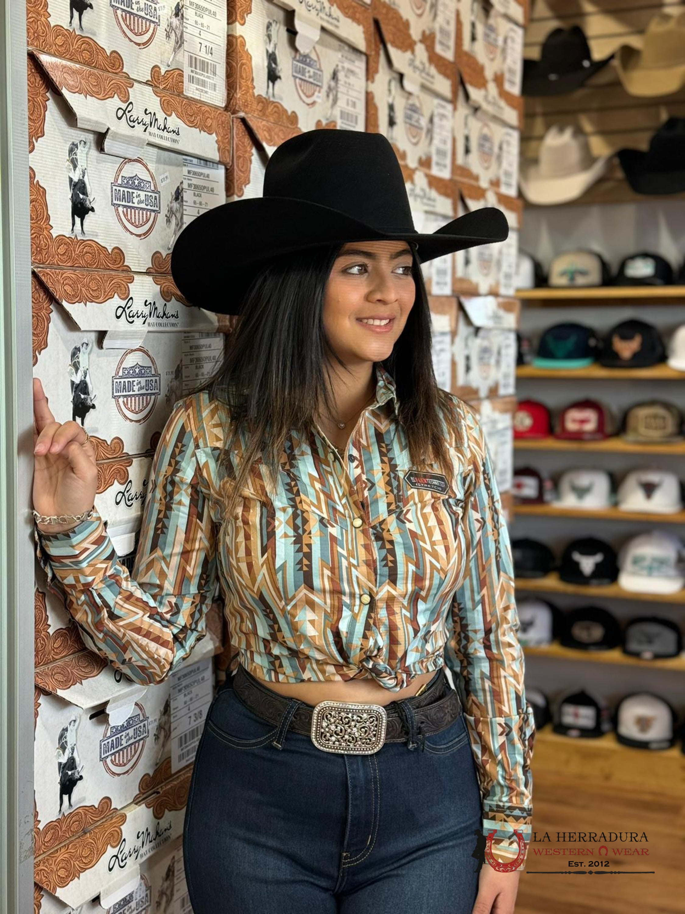 Rock&Roll Womens Button Up Light Teal Brown Aztec Ropa Mujeres