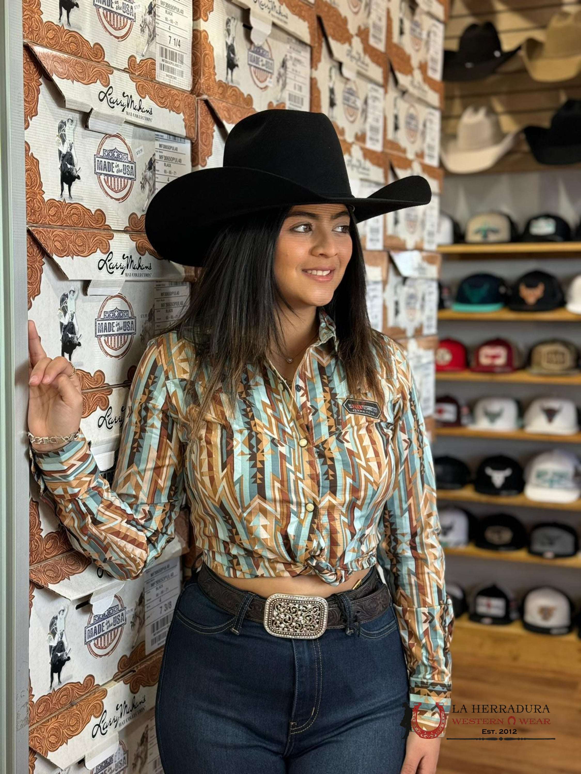 Rock&Roll Womens Button Up Light Teal Brown Aztec Ropa Mujeres