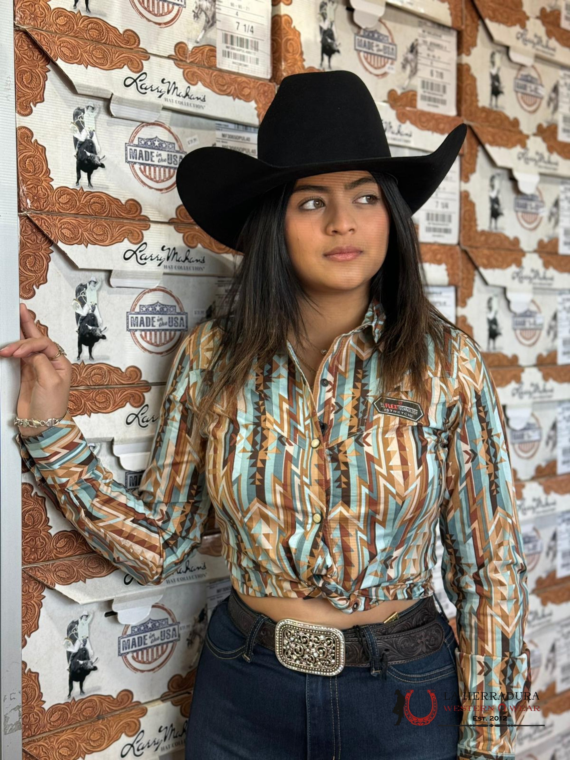 Rock&Roll Womens Button Up Light Teal Brown Aztec Ropa Mujeres