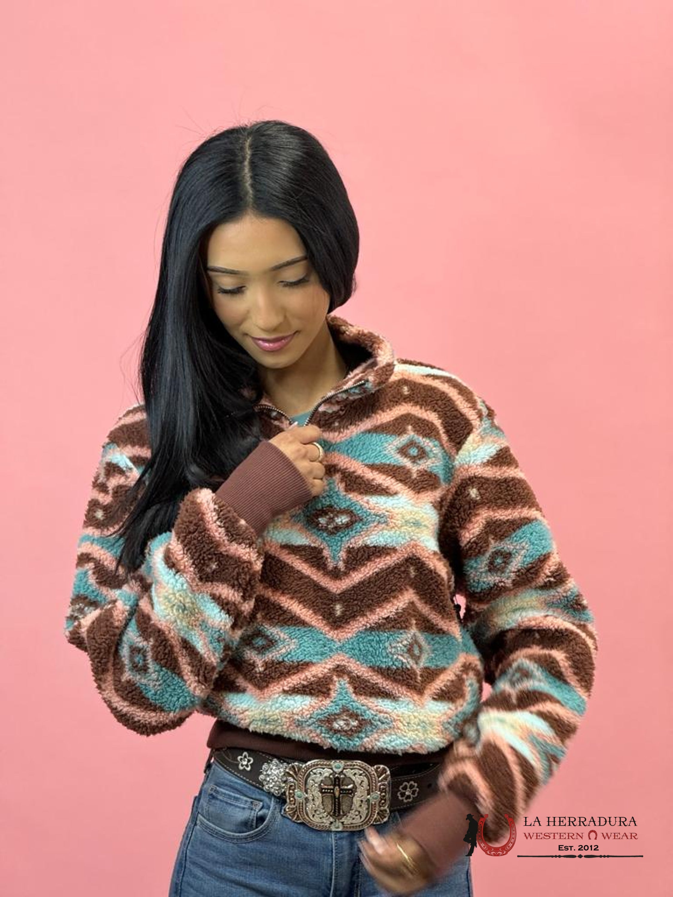 Rock&Roll Womens Brown & Teal All Over Print Pullover Ropa Mujeres