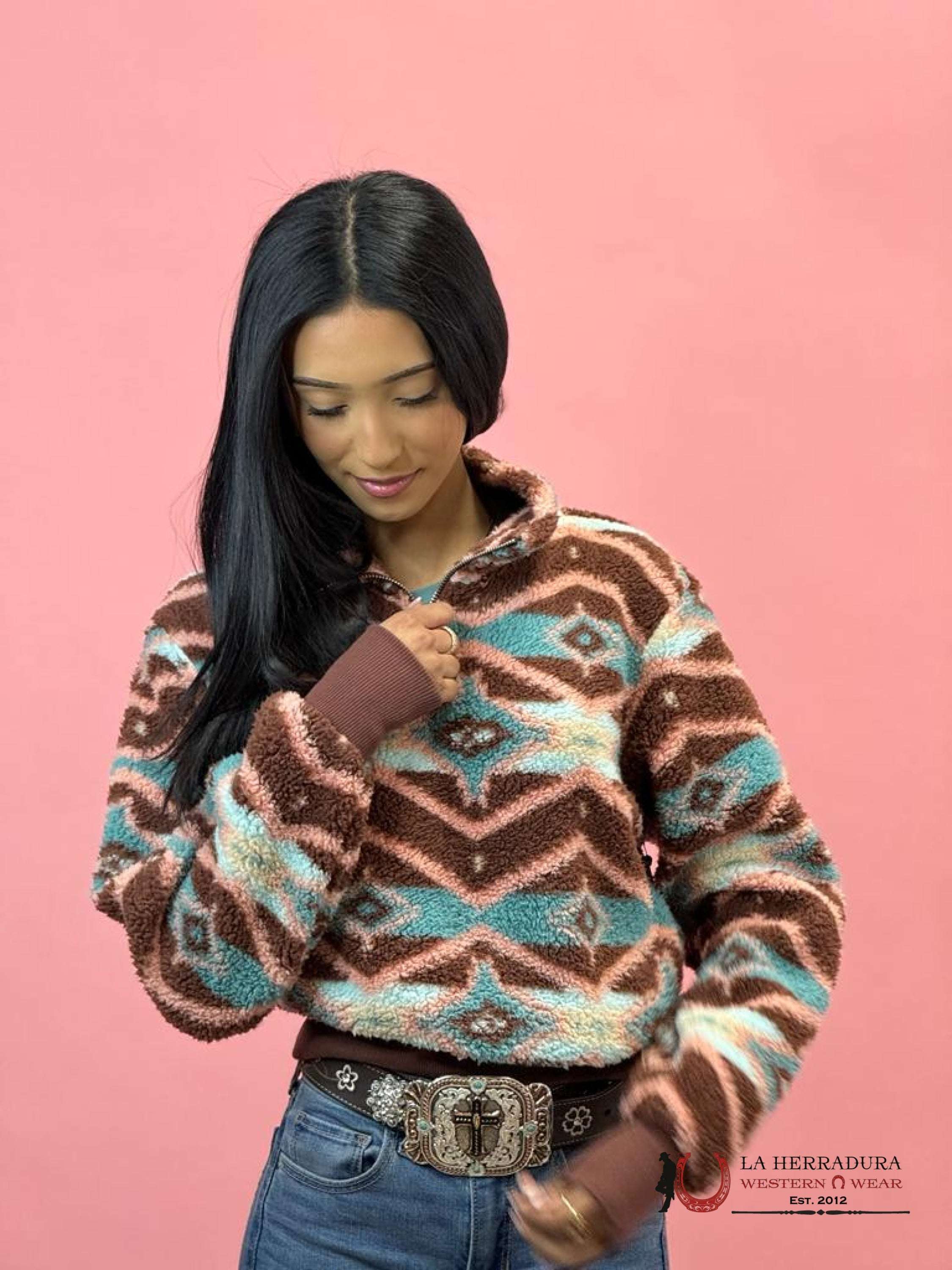 Rock&Roll Womens Brown & Teal All Over Print Pullover Ropa Mujeres