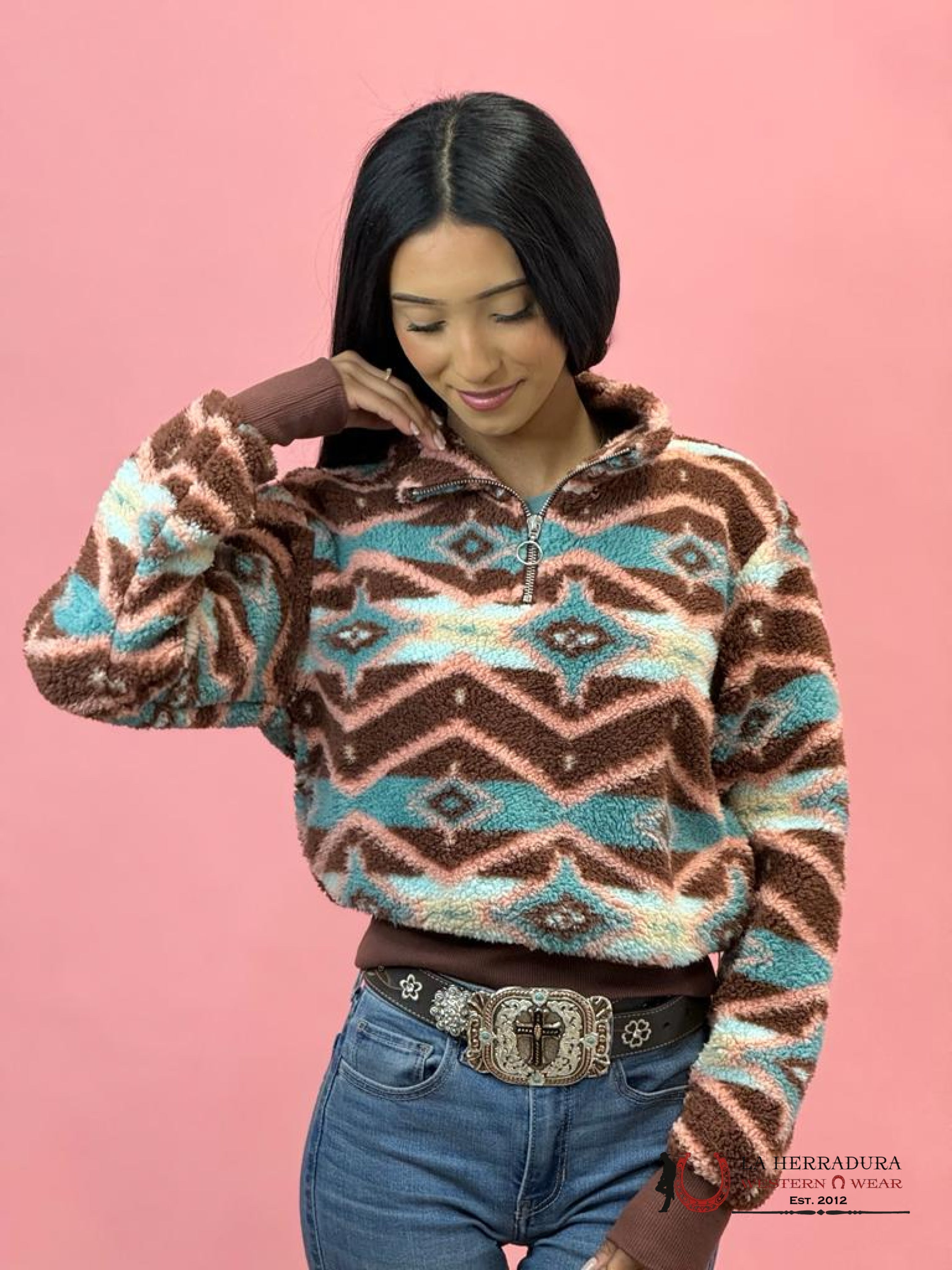 Rock&Roll Womens Brown & Teal All Over Print Pullover Ropa Mujeres