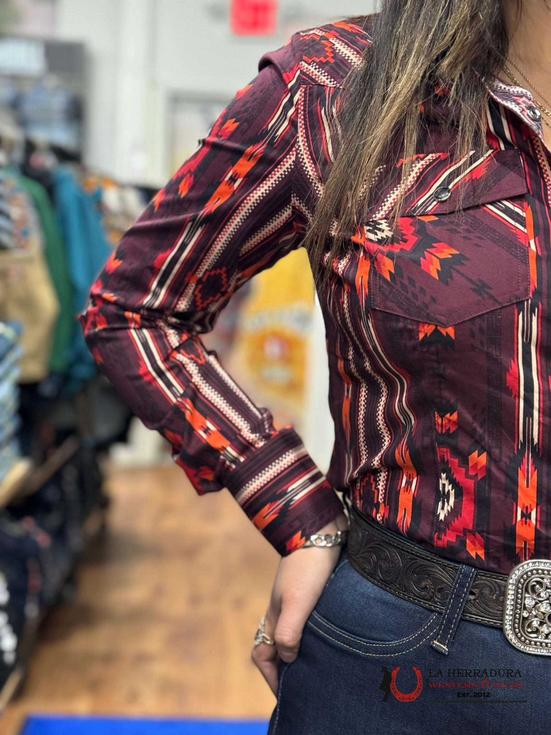 ROCK&ROLL WOMENS BURGUNDY GEO SNAP SHIRT RRWSOSRZ1K ROPA MUJERES
