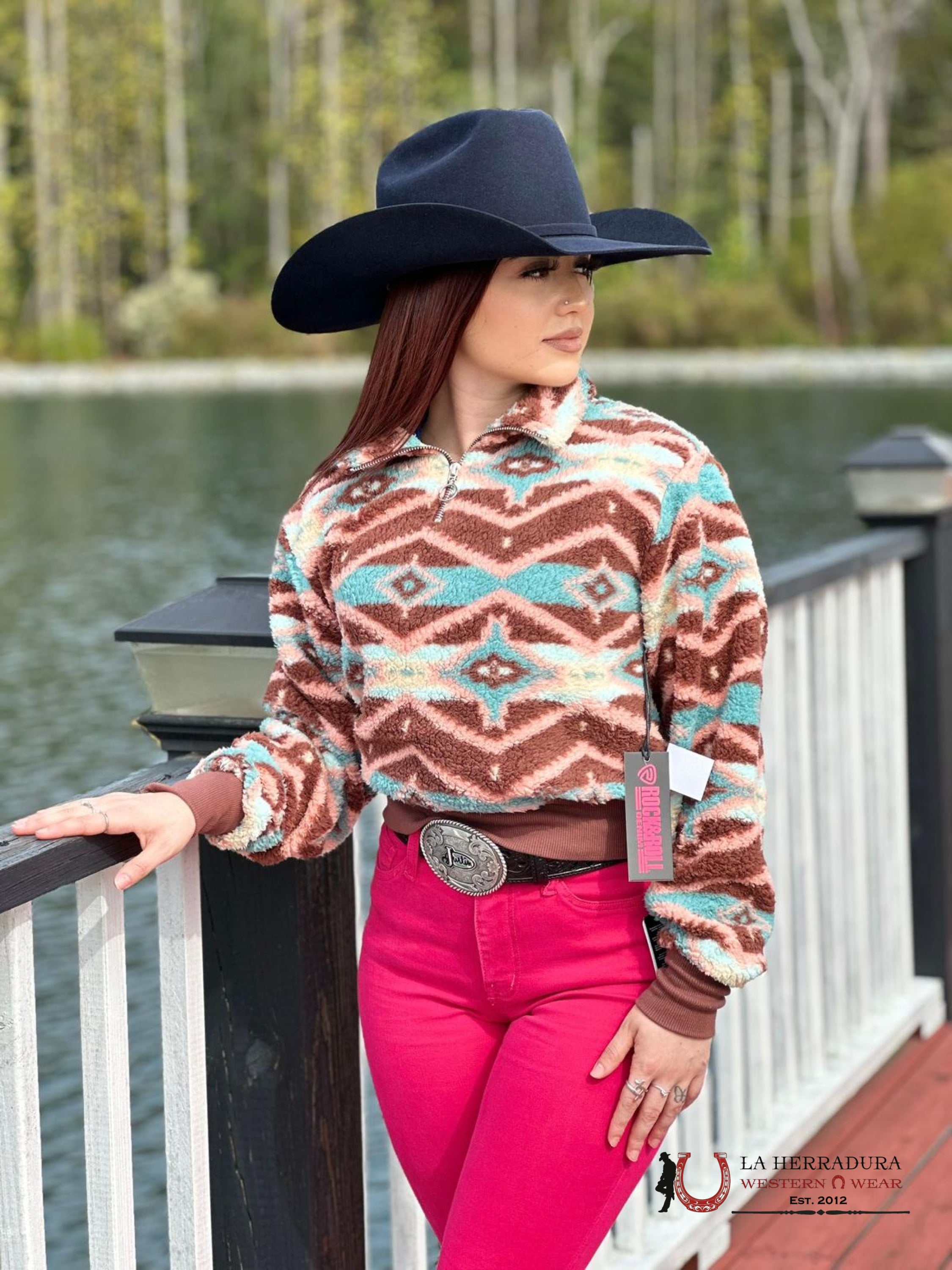 Rock&Roll Womens Chocolate Printed Sherpa Pullover Ropa Mujeres