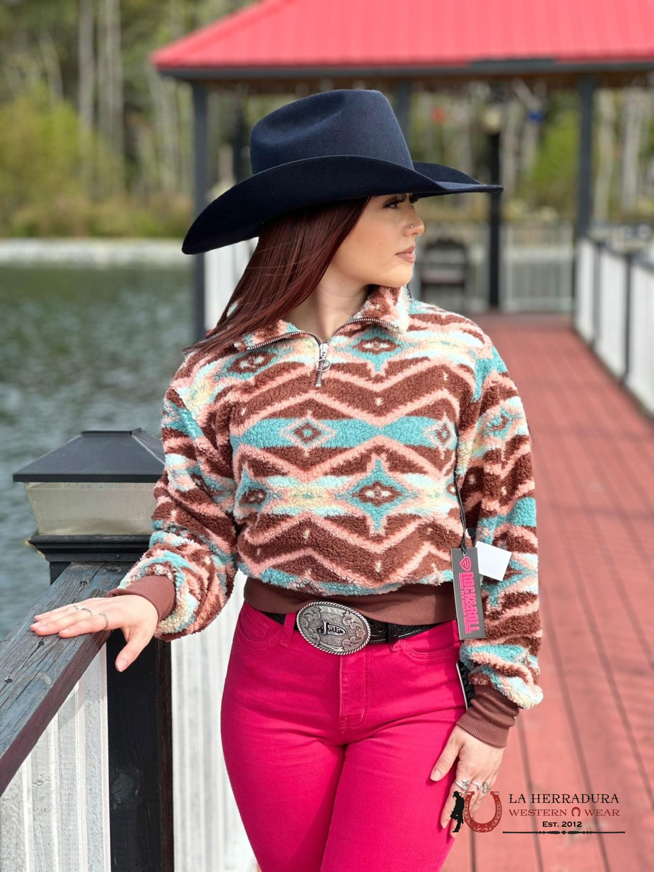 Rock&Roll Womens Chocolate Printed Sherpa Pullover Ropa Mujeres