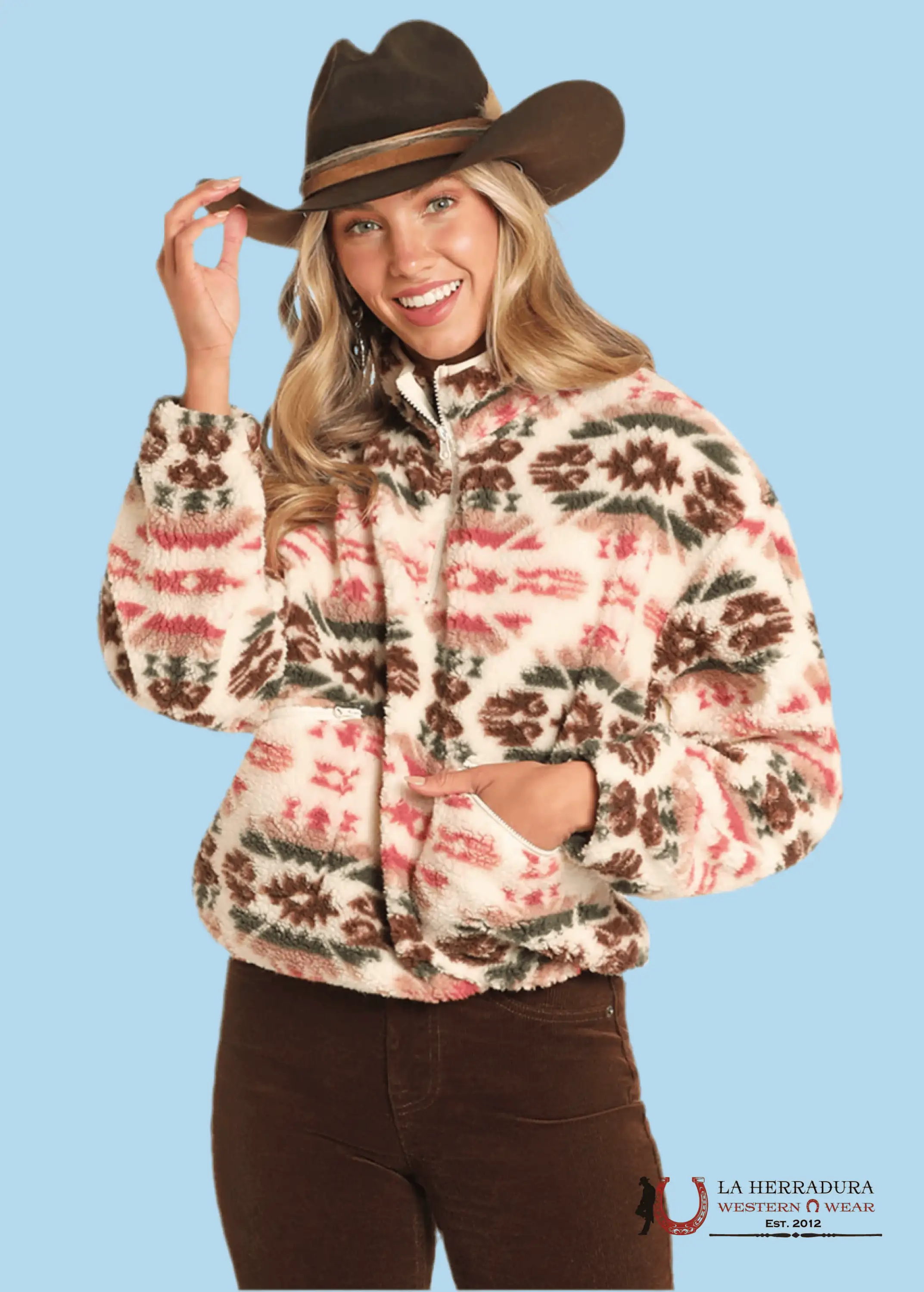 Rock&Roll Womens Cream Aztec Print Sherpa Pullover Pink/Green Ropa Mujeres