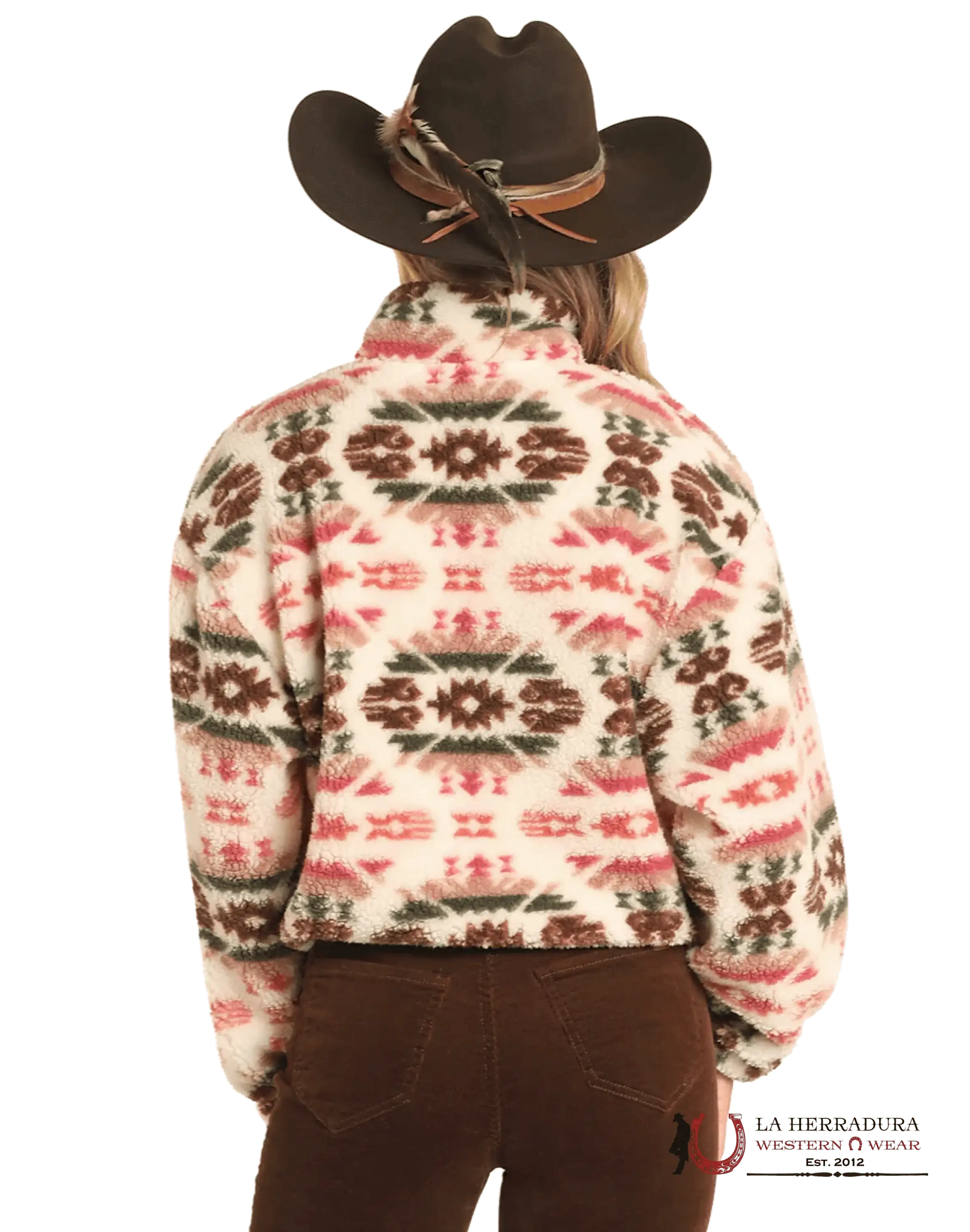 Rock&Roll Womens Cream Aztec Print Sherpa Pullover Pink/Green Ropa Mujeres