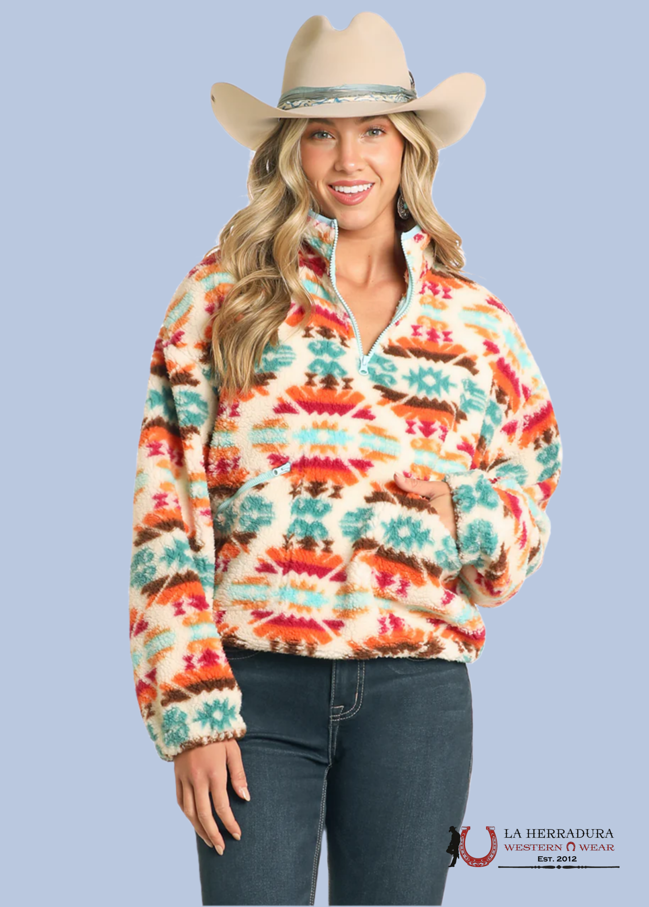 Rock&Roll Womens Cream Aztec Print Sherpa Pullover Ropa Mujeres