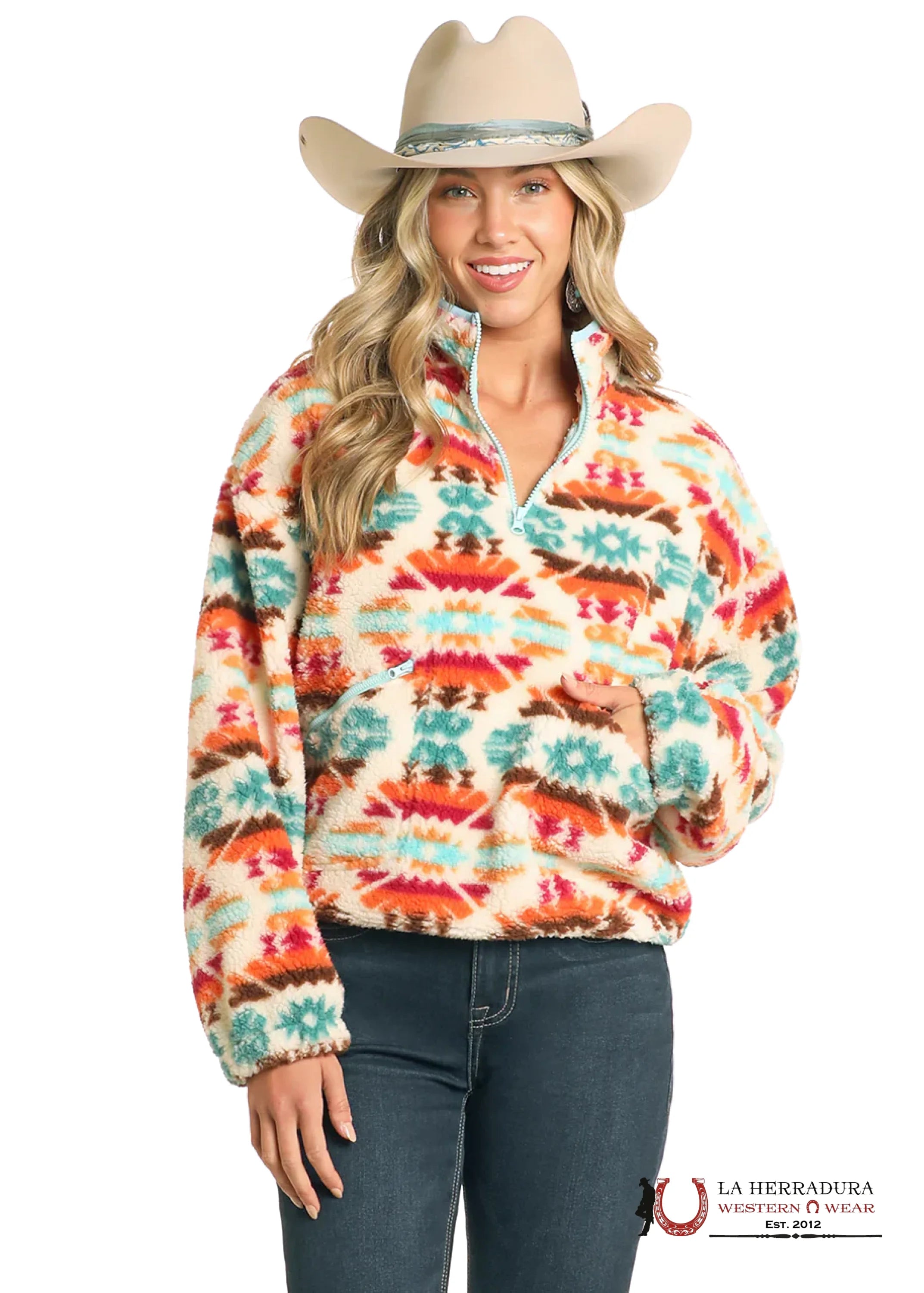 Rock&Roll Womens Cream Aztec Print Sherpa Pullover Ropa Mujeres