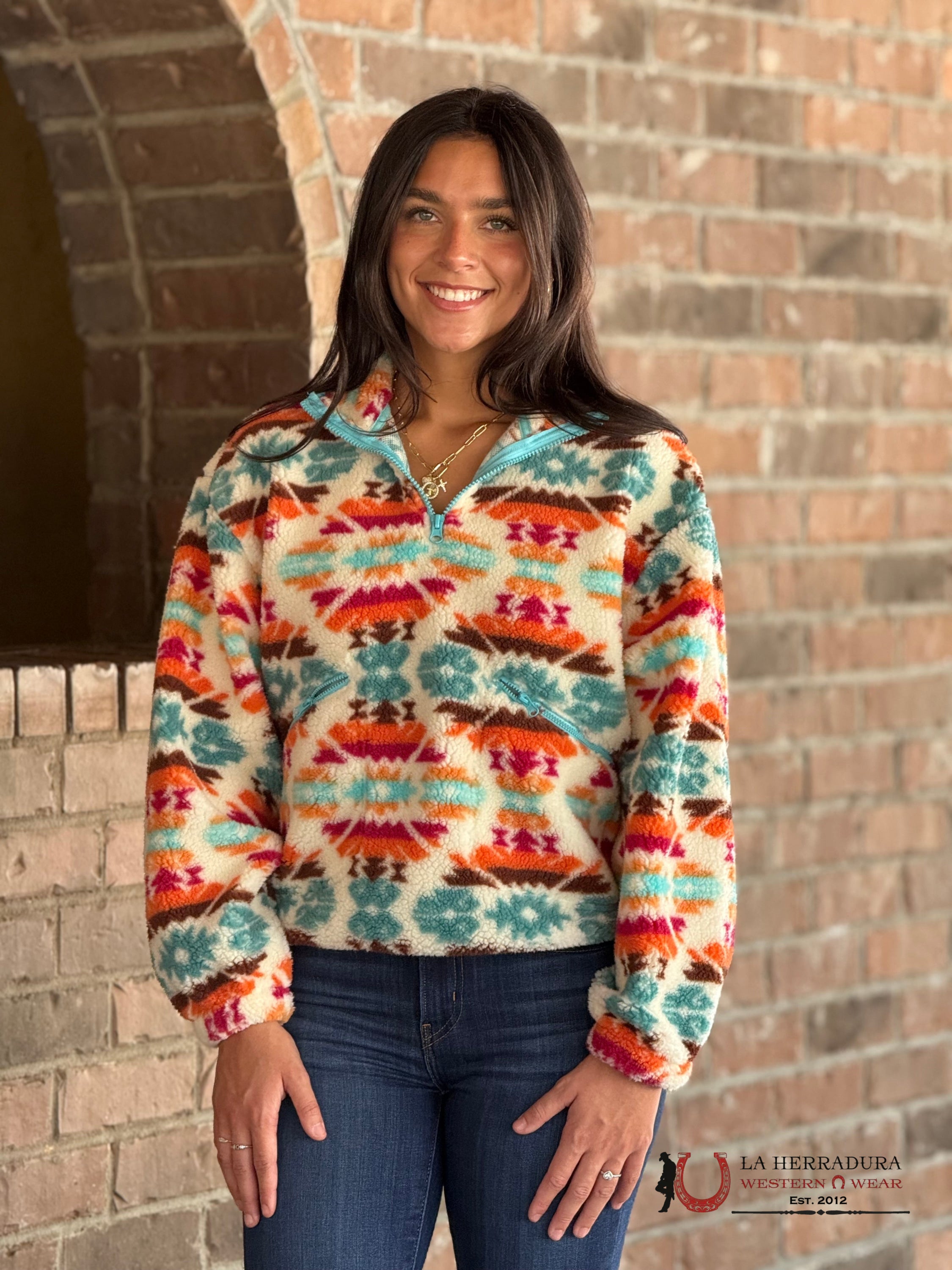 Rock&Roll Womens Cream Aztec Print Sherpa Pullover Ropa Mujeres