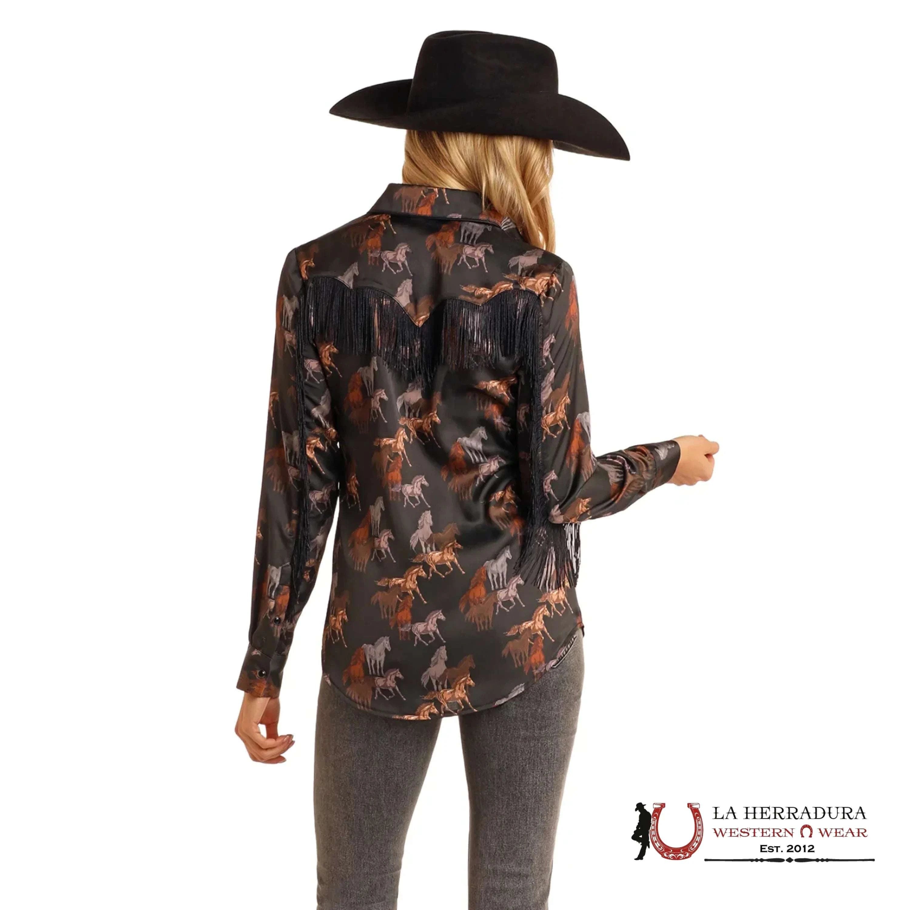 Rock&Roll Womens Horse Prnt Satin Snap Long Sleeve Shirti Ropa Mujeres