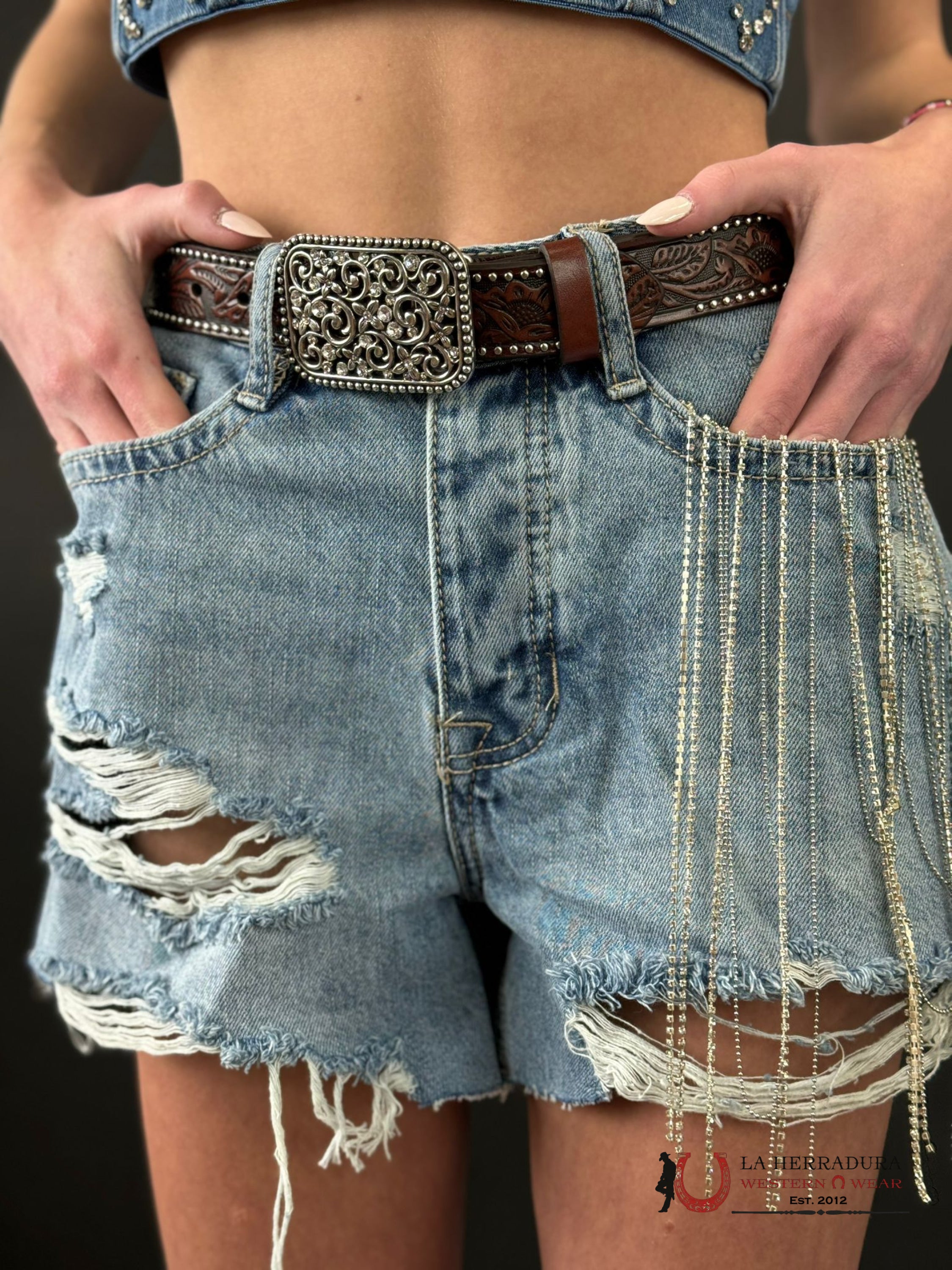 Rock&Roll Women’s Light Wash Chain Fringe Shorts Ropa Mujeres